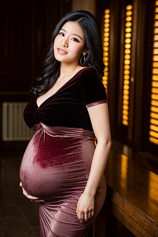 heavily pregnant holding her big belly wearing black velvet maternity having painful contractions