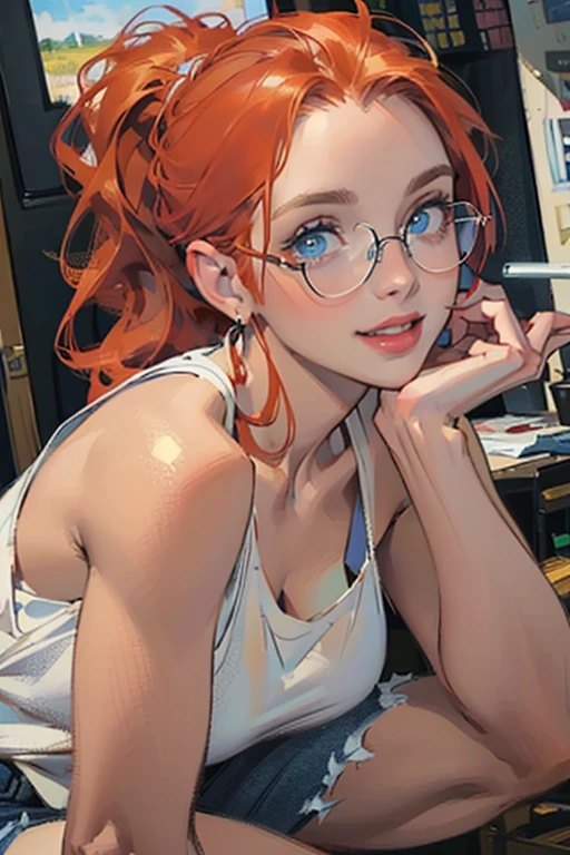 (sensitive, close-up of woman's face:1.4).Tall, slender ((redhead)) woman of Irish descent. (pale:1.3)complexion. blue eyes, cute butt, nice legs. Kind eyes, ((cute smile)). Eyeglasses, very light makeup, tank top, ripped jeans, bare feet, messy ponytail. Painting in art studio. Masterpiece, (highly detailed:1.2),(detailed face and eyes:1.2), depth of field, 8k wallpaper, natural lighting, core shadows, high contrast, bokeh.(rule of thirds)