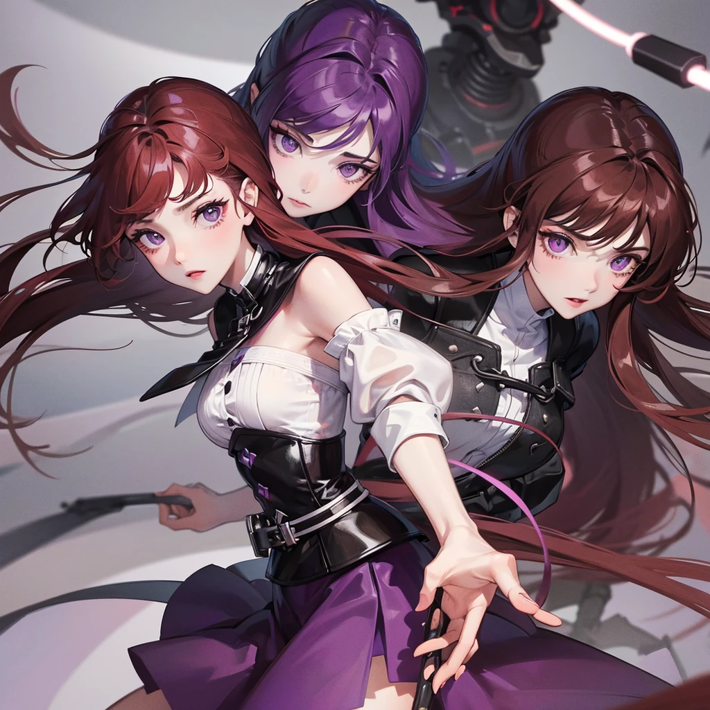 1girl, beautiful detailed eyes, purple eyes , Long dark red hair, Fair white skin, purple skirt, black , Expressionless face, Black team top