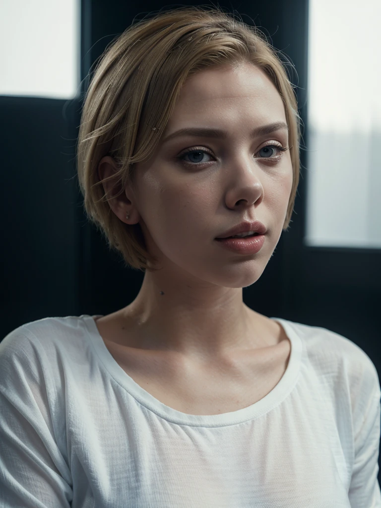 a beautiful woman with short blonde hair,Scarlet Johansson,wearing a black jacket,white t-shirt,blue jeans,photorealistic,high quality,high definition,realistic,detailed portrait,detailed facial features,detailed clothing,beautiful lighting,cinematic composition,dramatic lighting