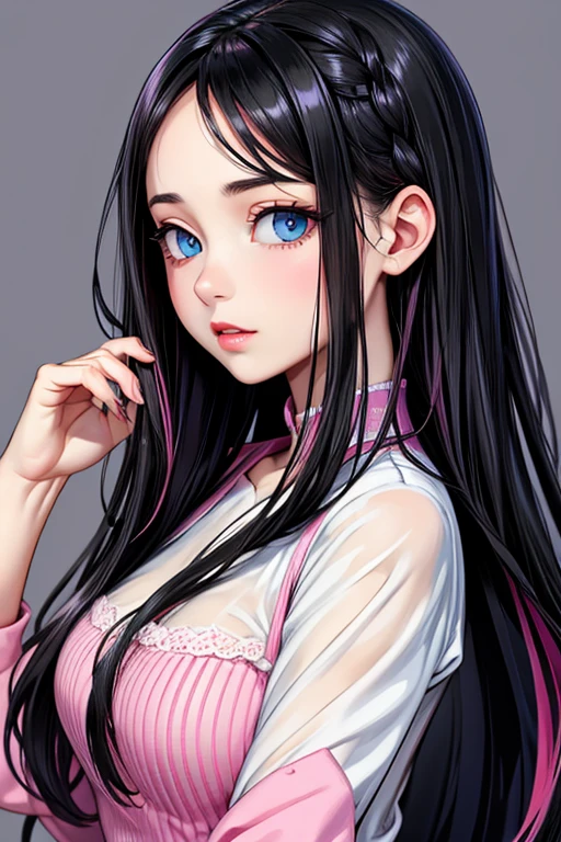 a beautiful young woman, long black hair and pink highlights, blue eyes.
