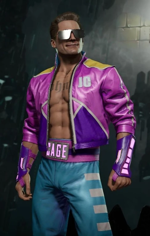 (Johnny Cage), cocky smirk, sunglasses, Mortal Kombat, Character Design, dynamic lighting, cool and bright colors, pink jacket, shirtless, (chest tattoo)