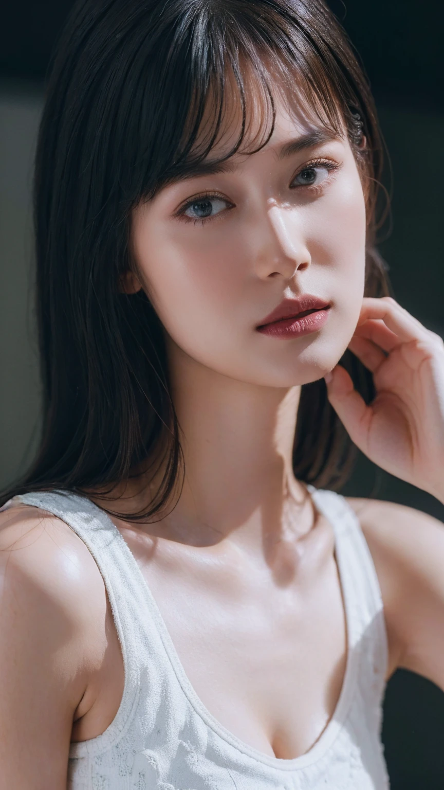 One girl, woman, masterpiece, Highest quality, Highest quality, (Volumetric lighting), Very detailed CG unity 8k wallpaper, Concentration, 8k wallpaper, Very detailed, Ultra-realistic, Realistic, Sharp focus, Absurd, (High resolution:1.2), (High Contrast), photograph, Detailed and complex, Instagram, Portraiture, Very detailed, Digital Painting, Art Station, Concept Art, Smooth, Sharp focus, figure, Big natural , Medium Shoulder, Looking at the audience, Knitted strap tank top.