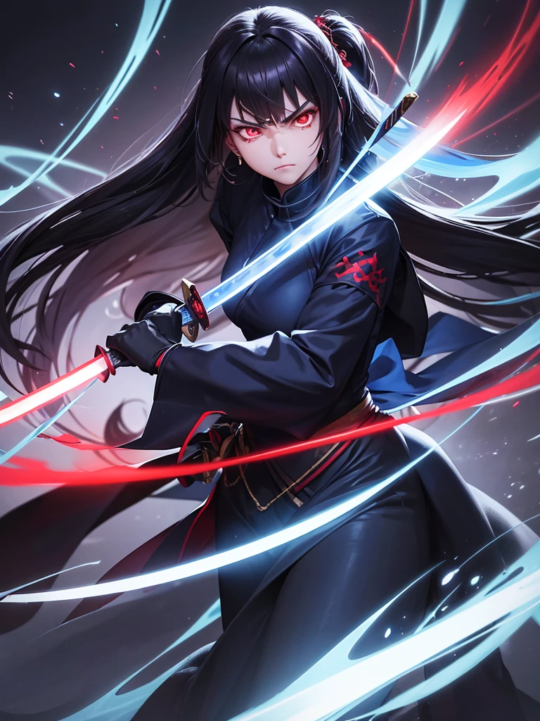 "A woman holding a long katana, with glowing red eyes showing anger. She glares at her foe, surrounded by a blue aura."