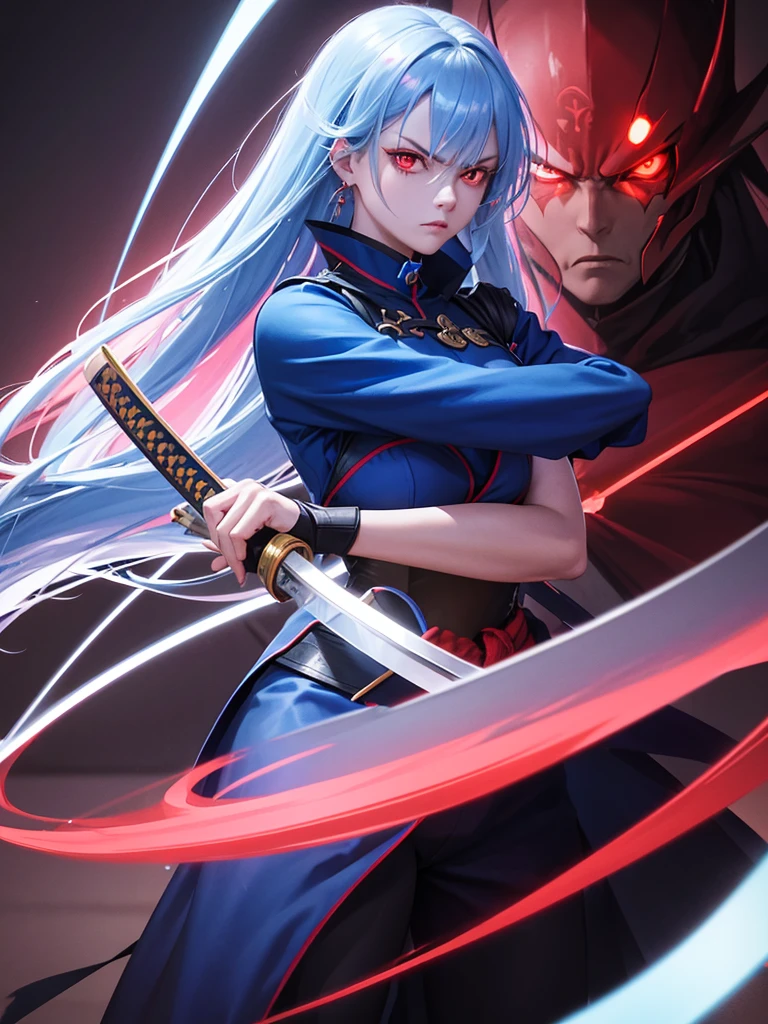 "A woman holding a long katana, with glowing red eyes showing anger. She glares at her foe, surrounded by a blue aura."