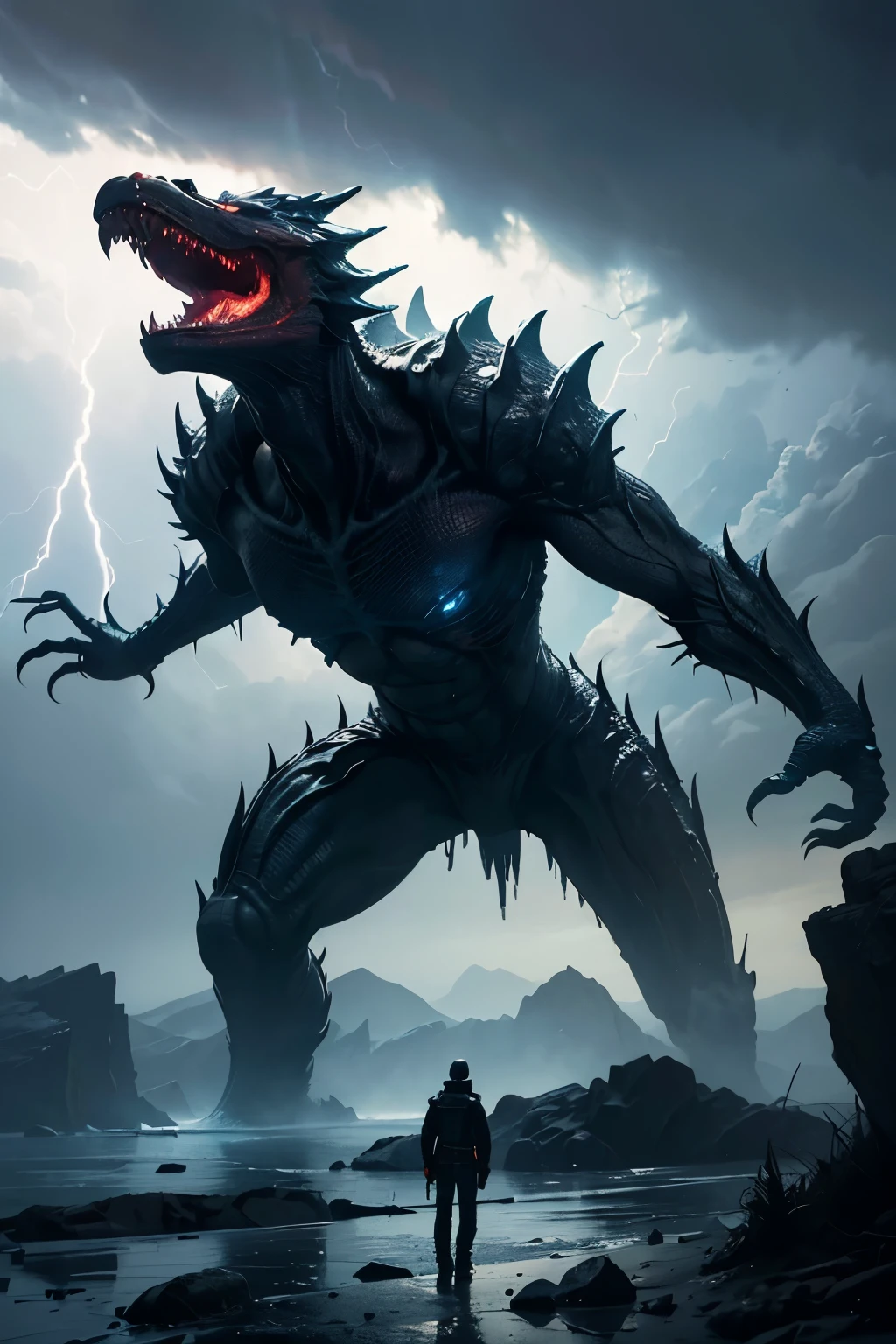 A very detailed painting, ice world, Depicts a man have a weapon on a hill gazing at a giant alien monster lightning rain breath, author:Shinkai Makoto, By Art Jem, From Wlop, author:Greg Rutkowski, Volumetric Lighting, Octane Rendering, 4K resolution, Popular on artstation, masterpiece ,flame magic