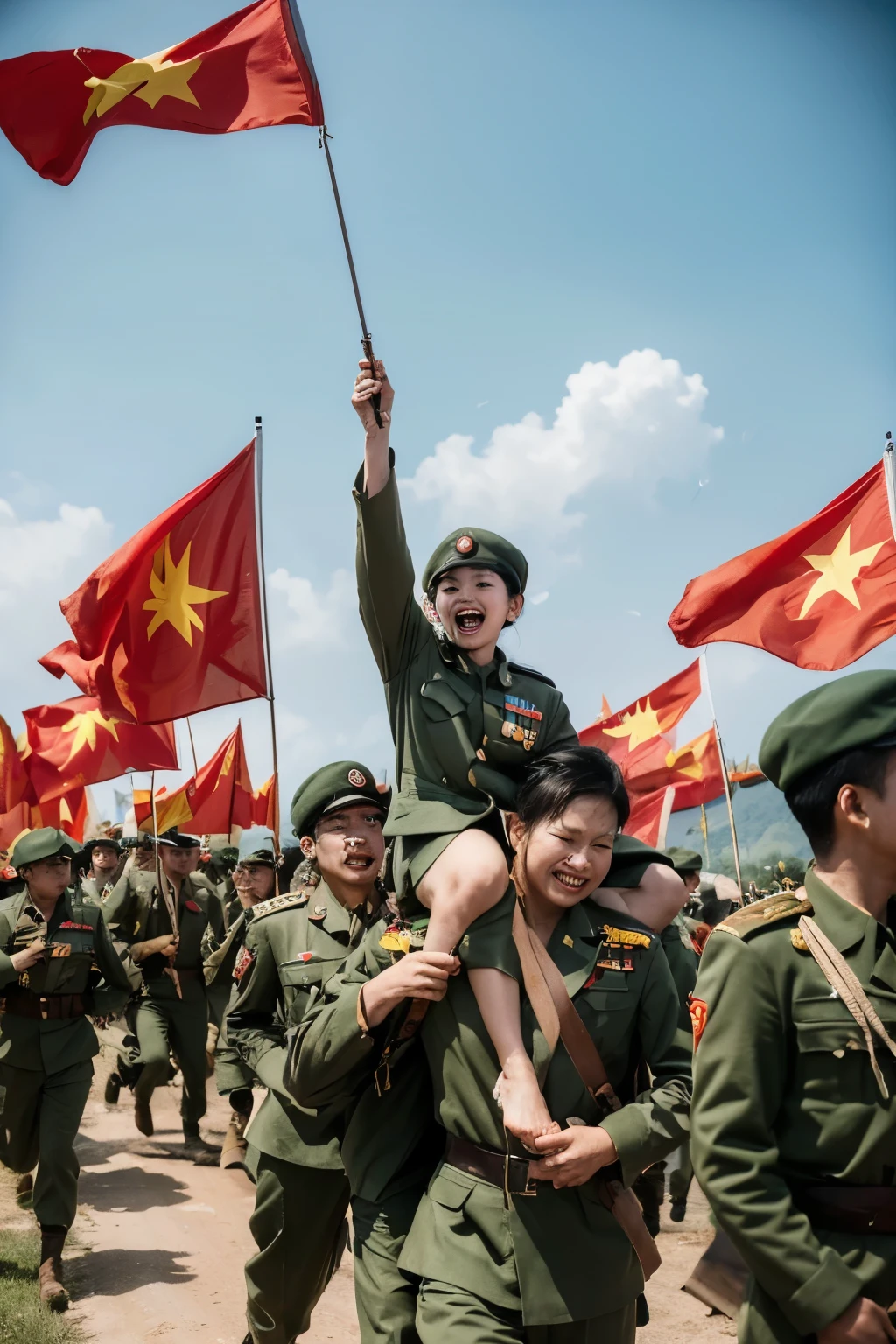 In this masterpiece, the striking image of the Vietnamese army triumphant at Dien Bien Phu is meticulously captured. The vividness of the scene is unmistakable, with soldiers clad in uniforms, their faces beaming with the accumulated joy of victory. They proudly hoist the red flag, adorned with the yellow star, a emblematic representation of Vietnam's identity.

The composition of the photo exudes a sense of exhilaration and national pride. The soldiers' expressions are a testament to their unwavering resolve in defeating the French colonial stronghold of Dien Bien Phu in 1954. The photo's cris