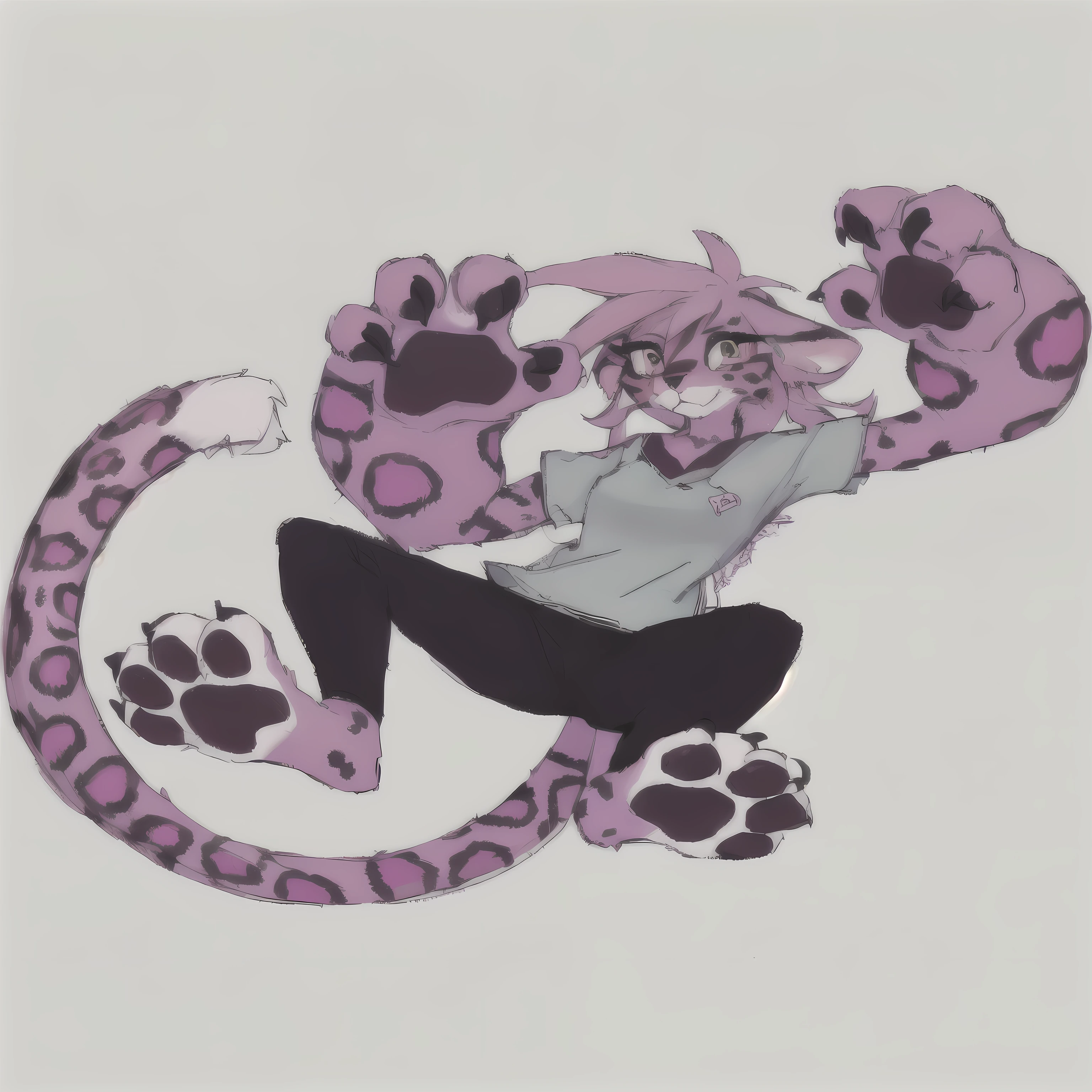 a cartoon drawing of a dark skinned woman with pink hair and a leopard tail, pink cat feet, furry arms, lowres, Anthro gecko, with claws, humanoid cheetah, commission for high res, oc commission, fursona commission, fullbody commission for, 6 claws, claws are up, her many snakes as hair, commission, big claws, paws, tentacles around