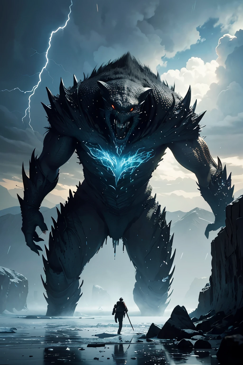 A very detailed painting, ice world, Depicts a man have a weapon on a hill gazing at a giant alien monster lightning rain breath, author:Shinkai Makoto, By Art Jem, From Wlop, author:Greg Rutkowski, Volumetric Lighting, Octane Rendering, 4K resolution, Popular on artstation, masterpiece ,flame magic