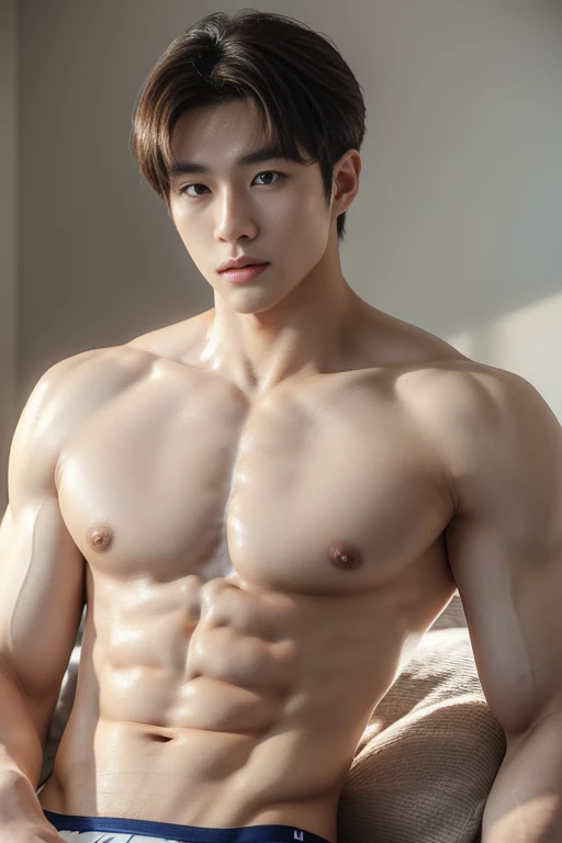 korean men, shirtless, Beautiful face, Chest muscles, Quantity in underwear, Embossed,  big, of the future, robot body