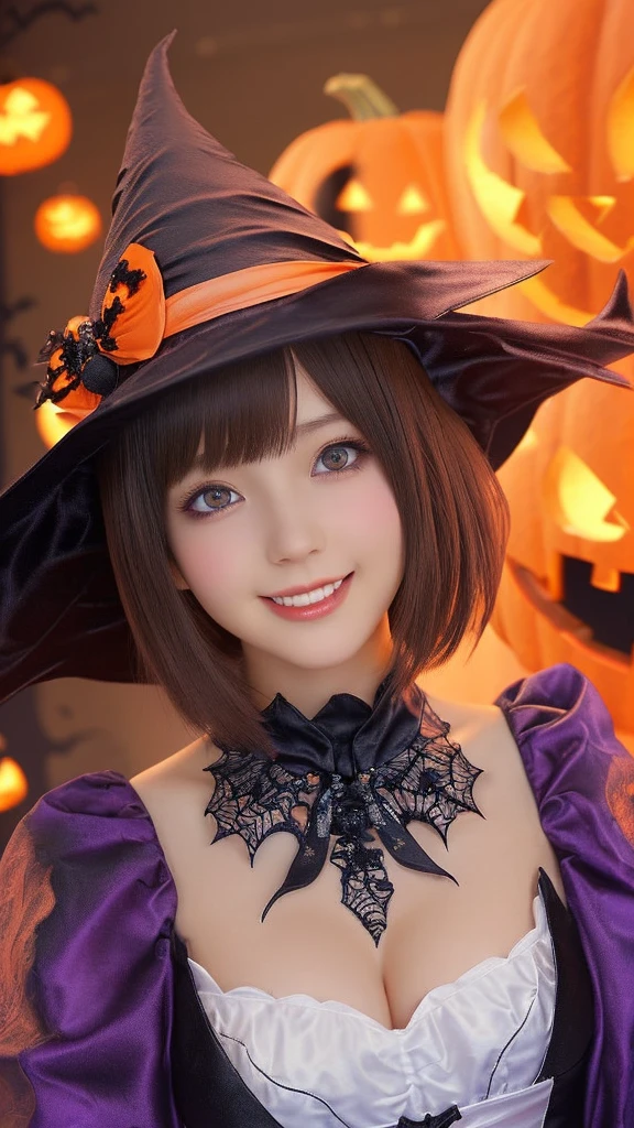 ((from below,upper body),a 20 years old girl, detailed cutie face, beautiful detailed eyes, detailed dropped eyes, beautiful charming smile, extremely detailed face,slender,short hair,anime style, halloween costume:2.0), Hires.fix,colorful lights, pumpkin decorations, haunted house, best quality, 4k, highres, masterpiece, realistic, photorealistic, photo-realistic, vivid colors, intricate details, fantasy, soft lighting, magical