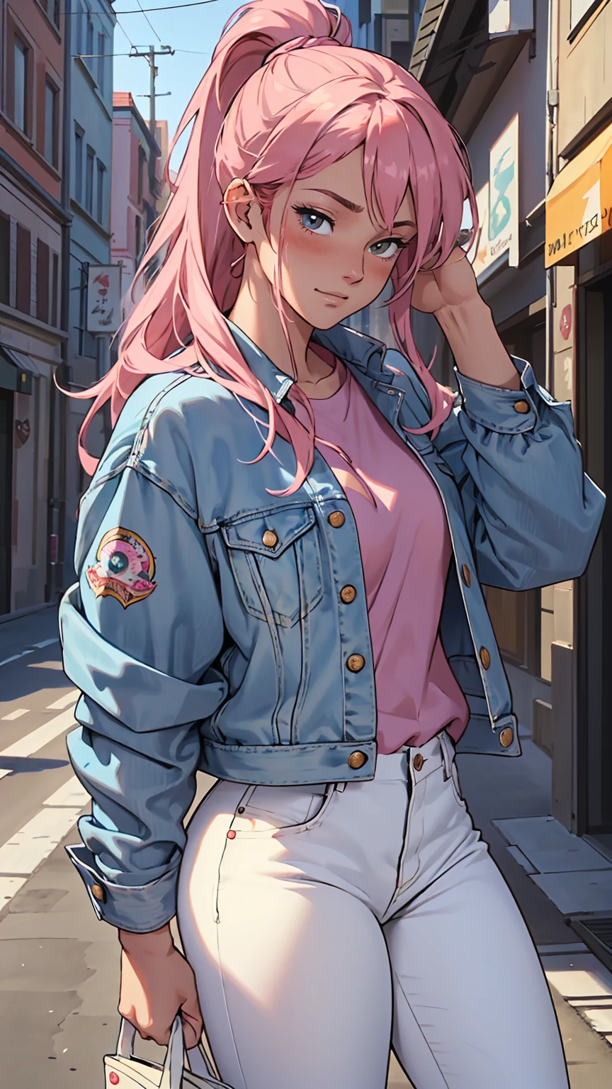 Score_9, Score_8_up, Score_7_up, Score_6_up, Score_5_up, Score_4_up, source_cartoon, masterpiece, ultra quality, Beautiful detailed, extremely detailed,16K, exquisite, highres, Beautiful background, Beautiful eye, Beautiful skin, anime style, Kaori seducing viewers, (She is wearing a white denim jacket over a pink shirt. blue jeans trousers), face focus, 1 girl, alone, 27 years old, (cheeky pose), woman's whole body, complete diagram, anger, blush, ecstatic expression, erotic, charm的な, charm, (Muscular female slender body, clavicle, beautiful big breasts, Beautifully chiseled abs, beautiful long legs), cleavage, cleavage, perfect anatomy, It's hard to breathe, vapor, looking at the viewer, perfect quality, good quality, masterpiece, HDR, UHD,