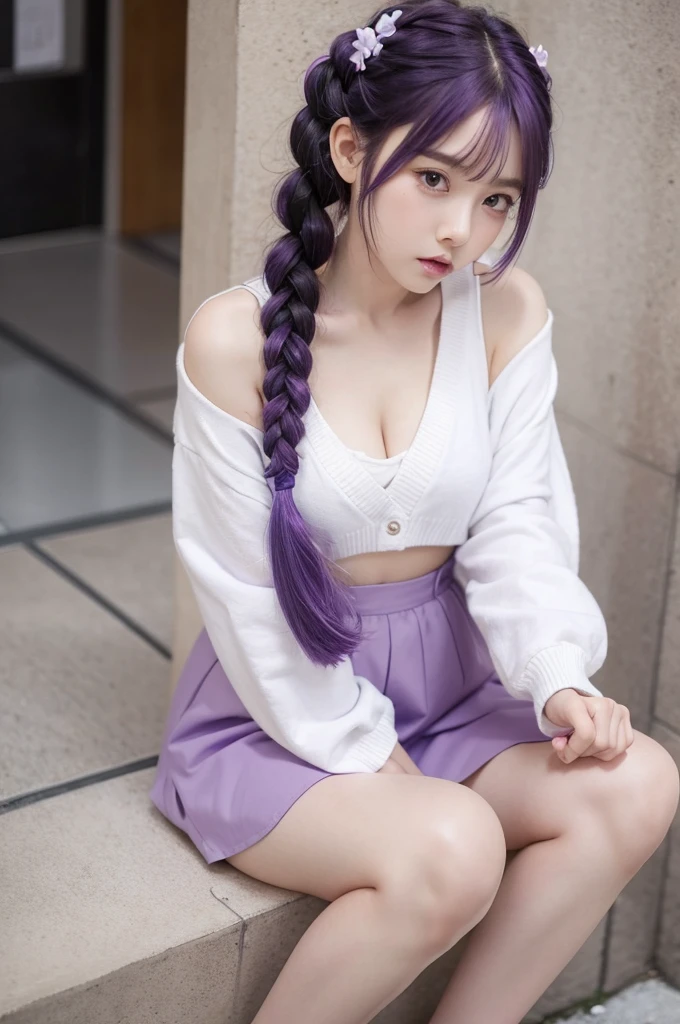 Purple hair and white legs inserts Tsundere double braids