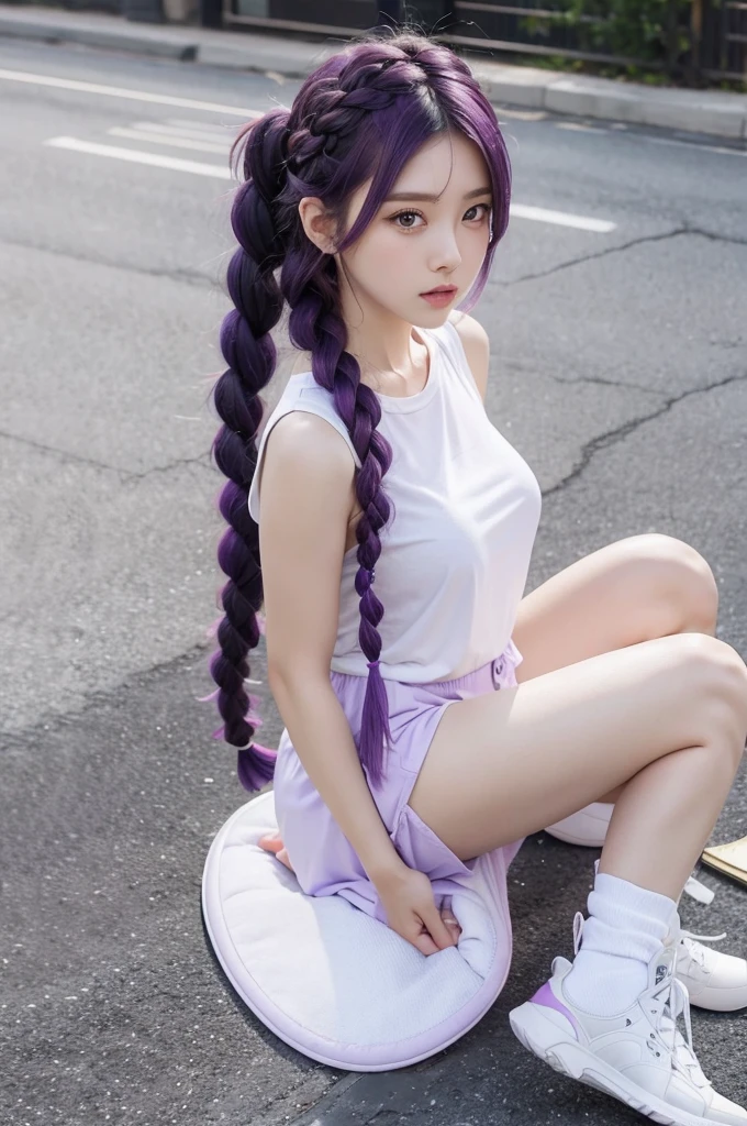  Purple hair and white legs  inserts Tsundere double braids