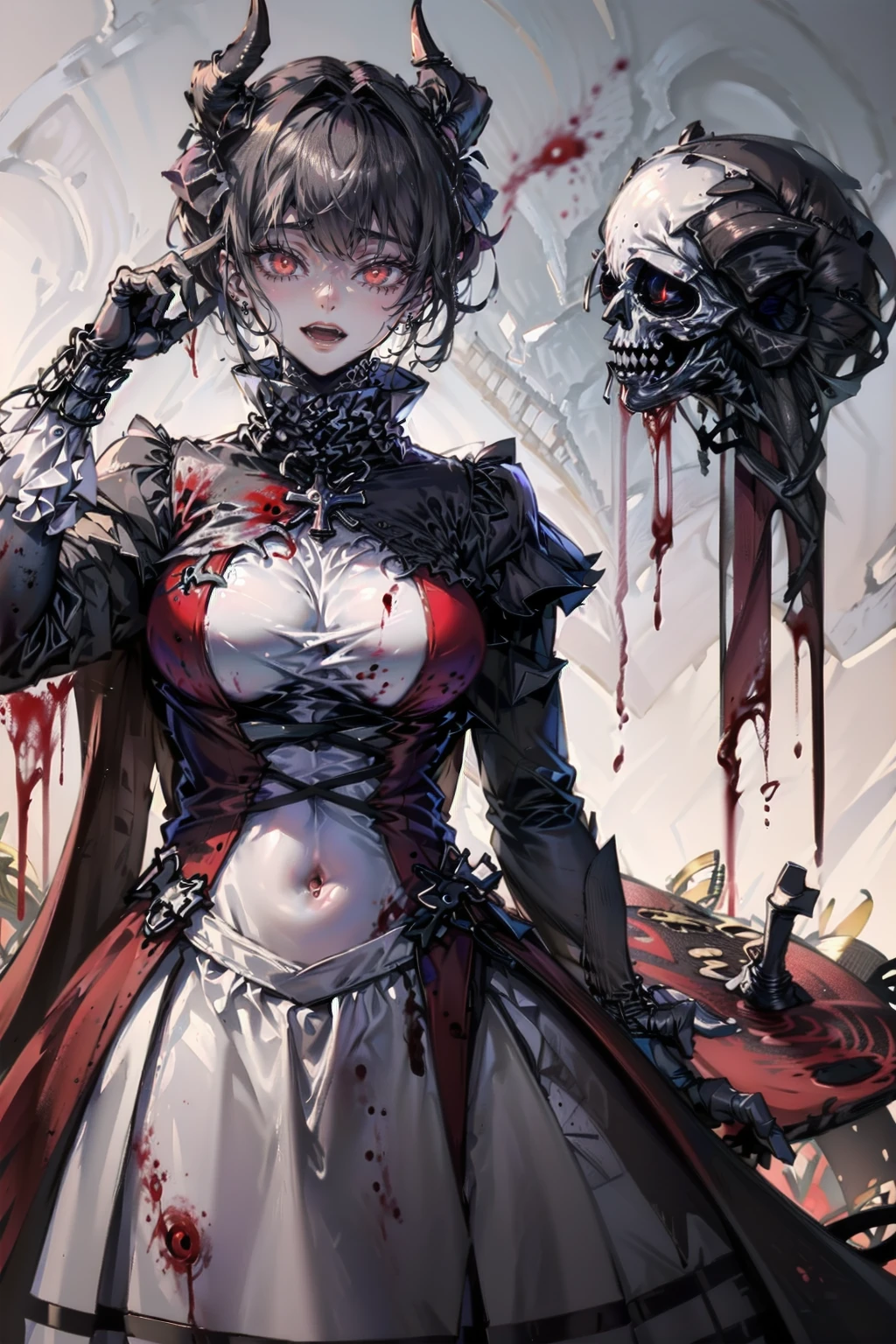 ,disaster々new devil horns,(Highest quality,4K,High resolution,masterpiece:1.2),Very detailed,Realistic:1.37,Spooky altar background,Dark fantasy,Red color scheme,Ominous atmosphere,Eye-catching,Storytelling,anatomy,Anime Style,Concept Art,beautiful細部までこだわった顔と (((Red eyes ))),A terrifying ritual ,Satanic Ritual,Premature death,inappropriate behavior,クレイジーなsmile,Scythe Face,Girl Monster, beautiful, Delicate facial features, Sharp Eye, Sharp Fangs, pale skin, Thick chain, Dark Background, Cinema Lighting, Dramatic Shadows, Gothic style, Gloomy atmosphere, Dark fantasy, One Girl, , Please open your mouth wide, Open your mouth and baring your teeth,Sharp teeth like a beast, Wide lips, very wide mouth, Vermilion cheeks, ,(Blood splatter:1.4),Scary smile, smile,Fallen angel design, Twisted smile、Bloody、bleeding from the head,,,,,、Blood splatter、,(Blood splatter:1.4),Crossbones, skull,Horror Style, ((Fantasy Fallen Angel Costume)), ((Flowing black hair)), ,(Blood splatter:1.4),Female curves, Sexy flat stomach, Perfect hands, Perfect anime face, ((White Lolita Dress)), Are standing, ((邪悪なsmile)), ,(Blood splatter:1.4), Steam circulates, Moonlight Illumination, night lighting, disaster々新new devil horns,,(Blood splatter:1.6),アニメFallen angel design, Twisted smile、Bloody、bleeding from the head,,,,,、Blood splatter、,(Blood splatter:1.4),Crossbones, skull,Gothic architecture、Western architecture、Fantasy World、,Victorian cities, Skeleton Gas Light,Absurd, High resolution、 ((Tabletop)), ((Highest quality)), (Very detailedな), ((Very detailed)), (beautiful), ((pretty girl)), (NFSW:1.8), alone,(10 years old:1.6)、(world&#39;The most terrifying and creepy demon girl:1.5)beautiful face、Whole Body Ezbian、pale, Beautiful Skin、beautiful黒の髪、Smiling Kindly、Dark building ruins、(snow white&#39;Frill dress:1.3)、(The dark ruins are stained with blood:1.3)、Low angle full body shot、(少女は血の海の中にAre standing:1.5)、(The ground is full of blood:1.3)、(The girl lost a lot of blood...:1.3)、)、(クレイジーなsmile:1.6)、Spirits、(Blood dripping from the mouth:1.3)