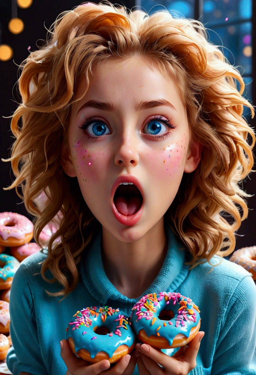 1girl, Eating Donuts, a girl eating delicious donuts, detailed face, beautiful blue eyes, cute expression, mouth open, long eyelashes, messy hair, detailed skin texture, colorful sprinkled donuts, detailed pastry, warm lighting, 8k, highly detailed, masterpiece, best quality, very aesthetic, absurdres