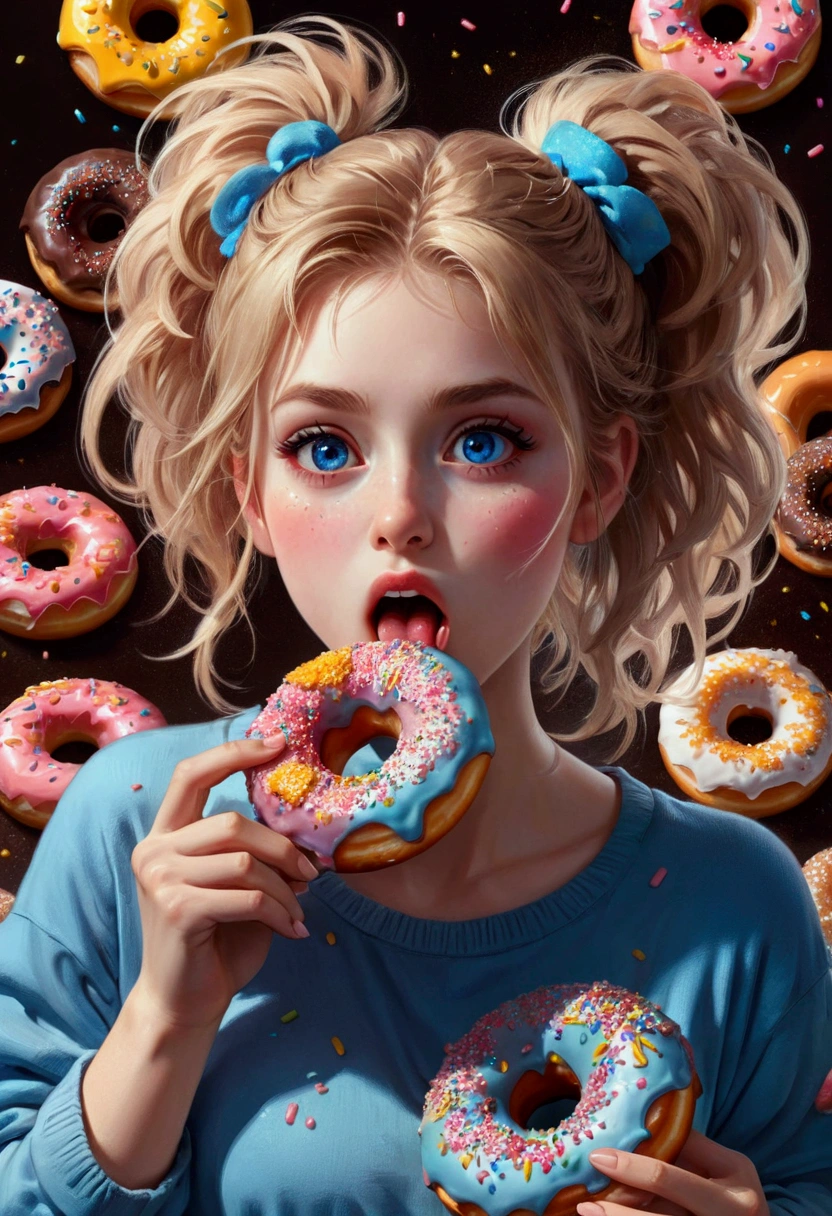 1girl, Eating Donuts, a girl eating delicious donuts, detailed face, beautiful blue eyes, cute expression, mouth open, long eyelashes, messy hair, detailed skin texture, colorful sprinkled donuts, detailed pastry, warm lighting, 8k, highly detailed, masterpiece, best quality, very aesthetic, absurdres