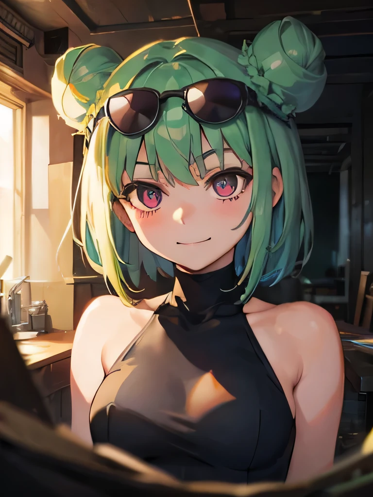 (highres), (best quality), (detailed) 1 girl, alone, medium hair, pastel green hair, twin buns, evil smile, VIOLET eyes, round black sunglasses on head, black sleeveless turtleneck top, green shorts, dark brown boots, day time, abandoned place, resting, thoughtful, looking away from the camera