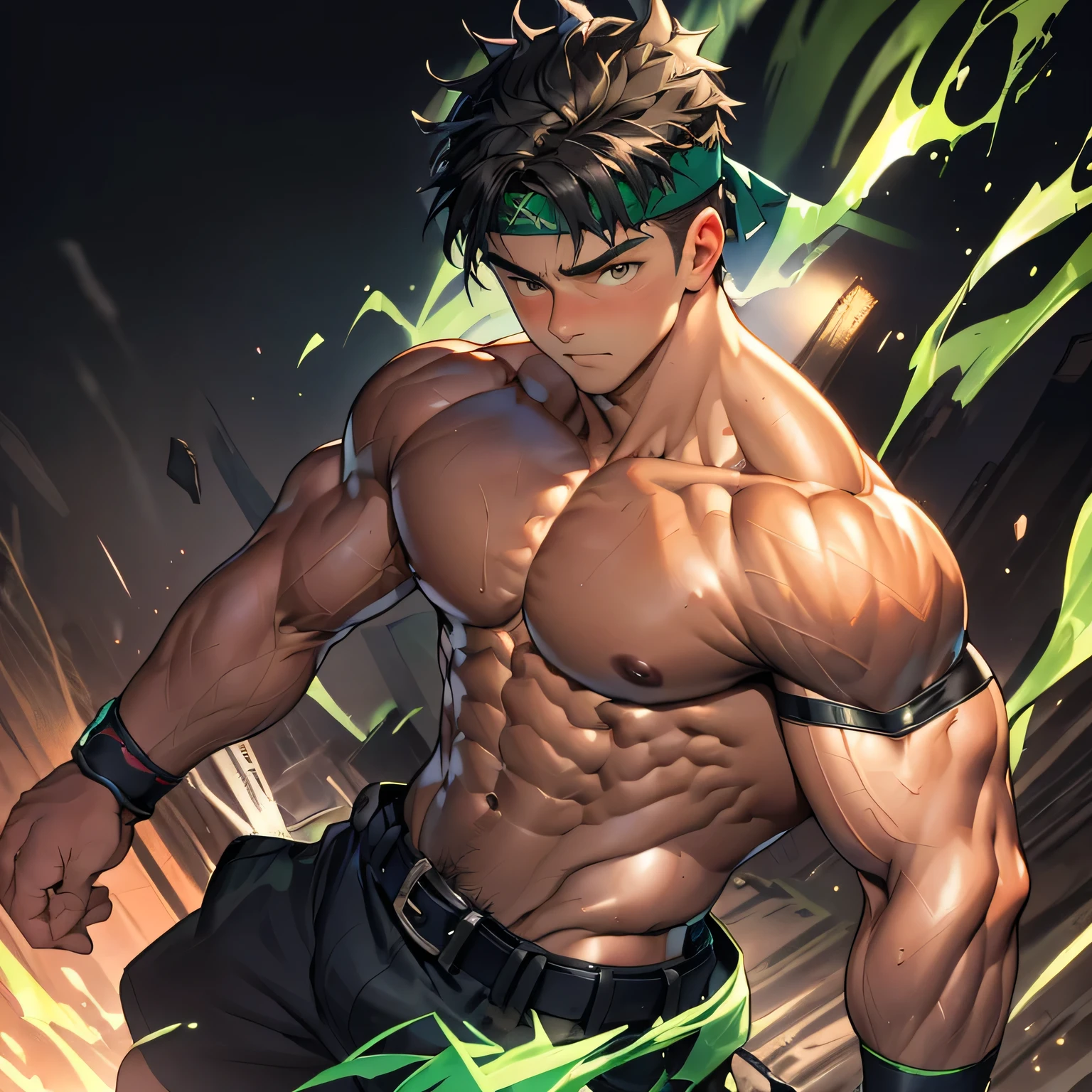 ((masterpiece, best quality)), (((((black background, deep night, bust shot))))), (19 year old boy, worm eyes), Young boy, muscler, Shirtless, ((((1boy, flesh, tough, reliable, developed body, blue and green aura effect, holding blue and green aura ball)))), (Dark Short straight hair, ((almost completely shaved hair)), under cut, brown eyes), (red headband, ((black wristband)), leather belt), Vivid colors, ((hot Abs:1.2, abs!, big abs, big breast:1.2, chest!, muscler upper arms, toned body, athletic body)), muscler!, muscler body, detailed face, detailed muscle, (((rippling muscles, fighting pose, action)))