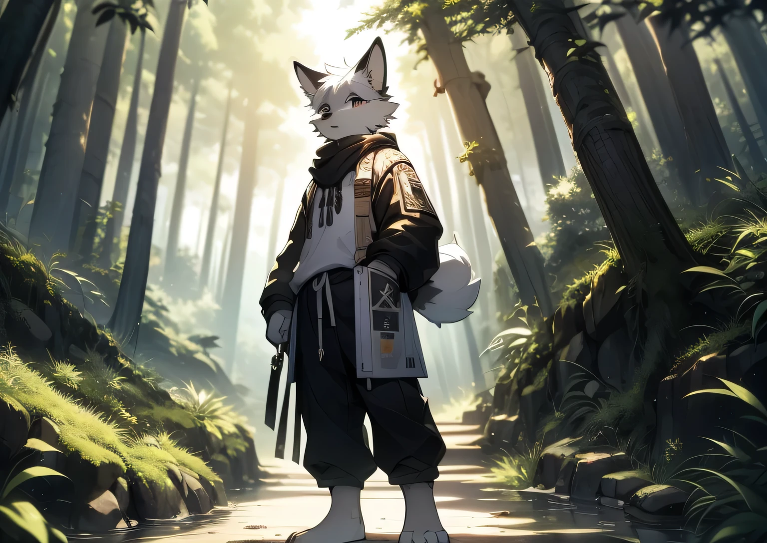 masterpiece,best quality,anthro,solo,looking at viewer,stand，furry wolf, Black and white hair, Handsome, Light：Extreme light and shadow, Reflective skin,Reddish skin，((worn-out clothing，Commoner)) ,((Deep in the forest，Stone path，Signs，solo，solo person))，Outdoor sunset，((the detail))，（depth of fields），standing on your feet