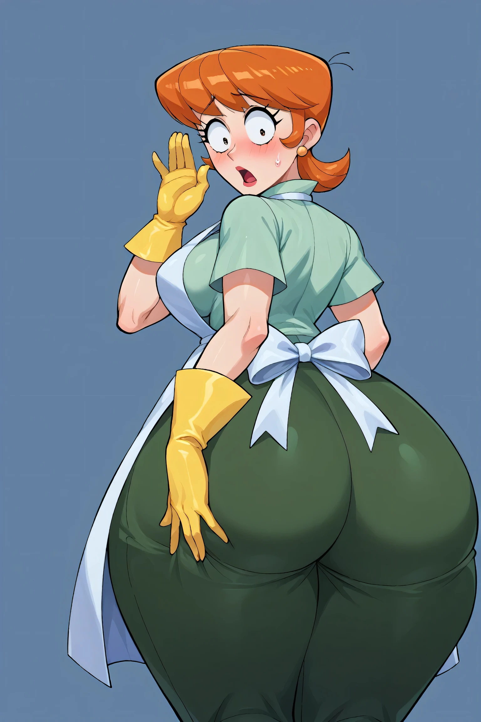 score_9, score_8_up, score_7_up, BREAK, 1girl, solo, breasts,  dextersmom, makeup, jewelry, gloves, shirt, apron, kitchen, upper body, portrait, mature female, simple background, thick thighs, wide hips, big ass, showing buttcrack slightly, (showing big butt), bend over, shocked, embarrassed, (showing ass), grabbing crotch, (pants half way down slightly showing asscrack), front view