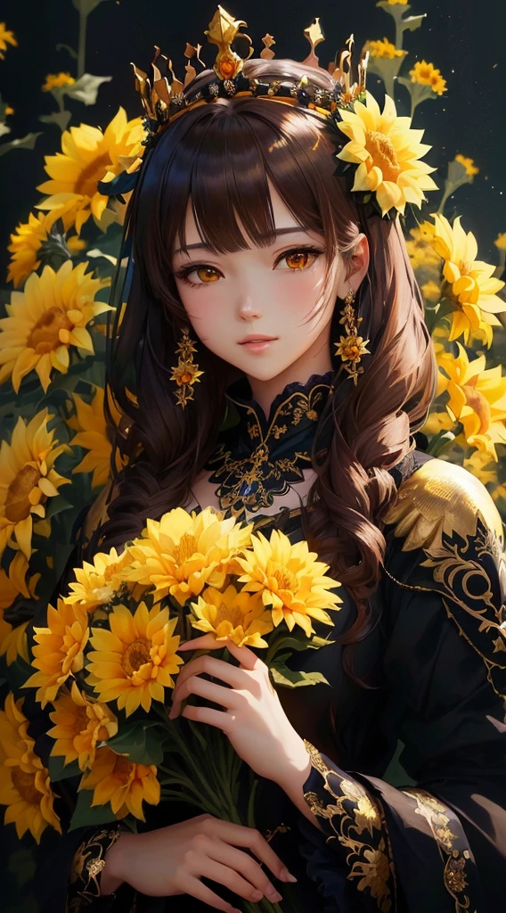 there is a woman with a crown holding a bunch of flowers, beautiful sunflower anime girl, with yellow flowers around it, 8k high quality detailed art, anime style 4 k, anime style. 8k, detailed digital anime art, golden flowers, beautiful anime portrait, with flowers, beautiful anime girl, beautiful anime style, detailed portrait of anime girl, digital anime illustration