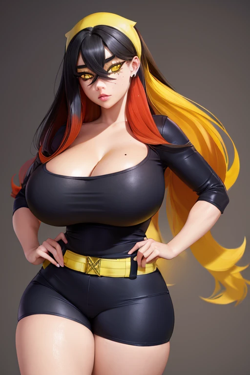 (best quality), (masterpiece), 1 girl, early 20's, huge heavy breasts, busty, massive breasts, thick, thick lips, wide hips, thin waist, pokemoncarmine, black hair, colored inner hair, crossed bangs, hair between eyes, hairband, long hair, mole, mole under eye, multicolored hair, red hair, sidelocks, two-tone hair, (yellow eyes:1.5), yellow hairband,