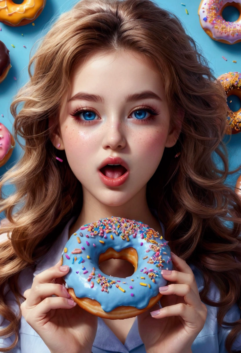 1girl, Eating Donuts, a girl eating delicious donuts, detailed face, beautiful blue eyes, cute expression, mouth open, long eyelashes, messy hair, detailed skin texture, colorful sprinkled donuts, detailed pastry, warm lighting, 8k, highly detailed, masterpiece, best quality, very aesthetic, absurdres