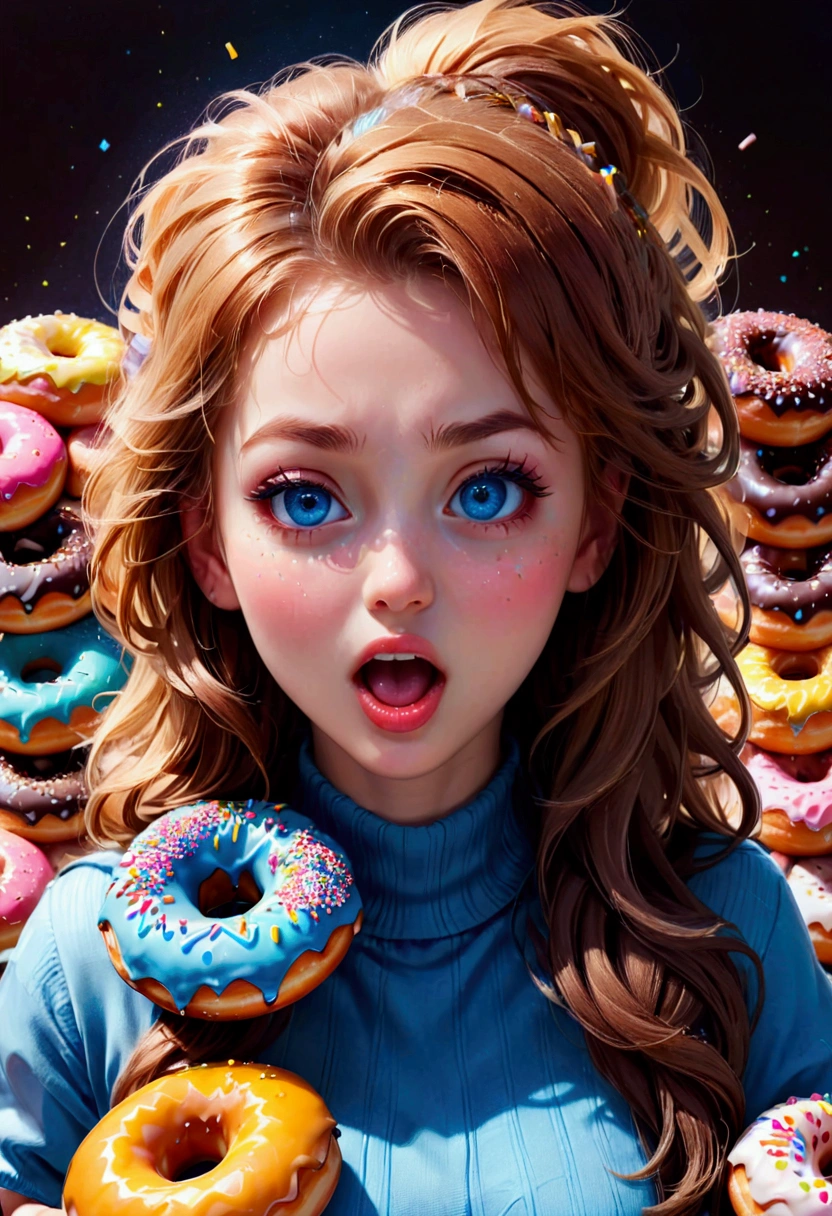 1girl, Eating Donuts, a girl eating delicious donuts, detailed face, beautiful blue eyes, cute expression, mouth open, long eyelashes, messy hair, detailed skin texture, colorful sprinkled donuts, detailed pastry, warm lighting, 8k, highly detailed, masterpiece, best quality, very aesthetic, absurdres