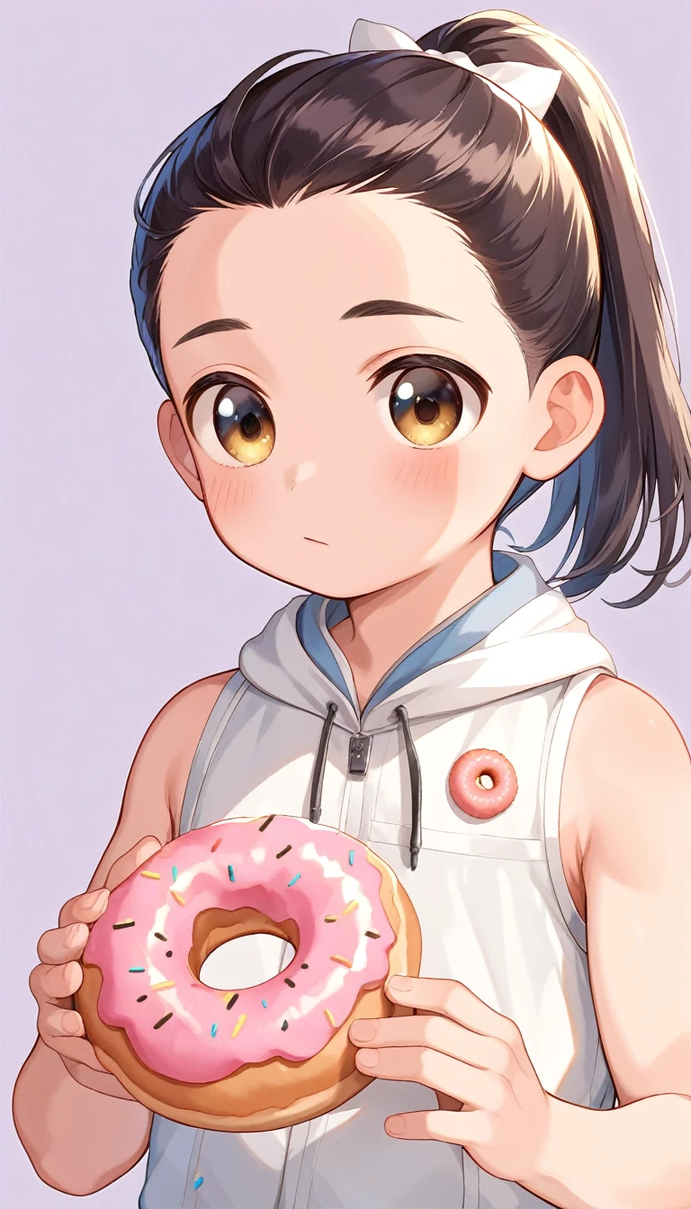 (masterpiece,best quality,beautiful and aesthetic:1.2),(high detailed skin:1.2),8k uhd,dslr,soft lighting,high quality,film grain,((1boy,male)),doughnut,food,solo,ponytail,fruit,sleeveless,holding,bow,holding food,purple background,jacket,8-year-old boy,,kids,child,loli,