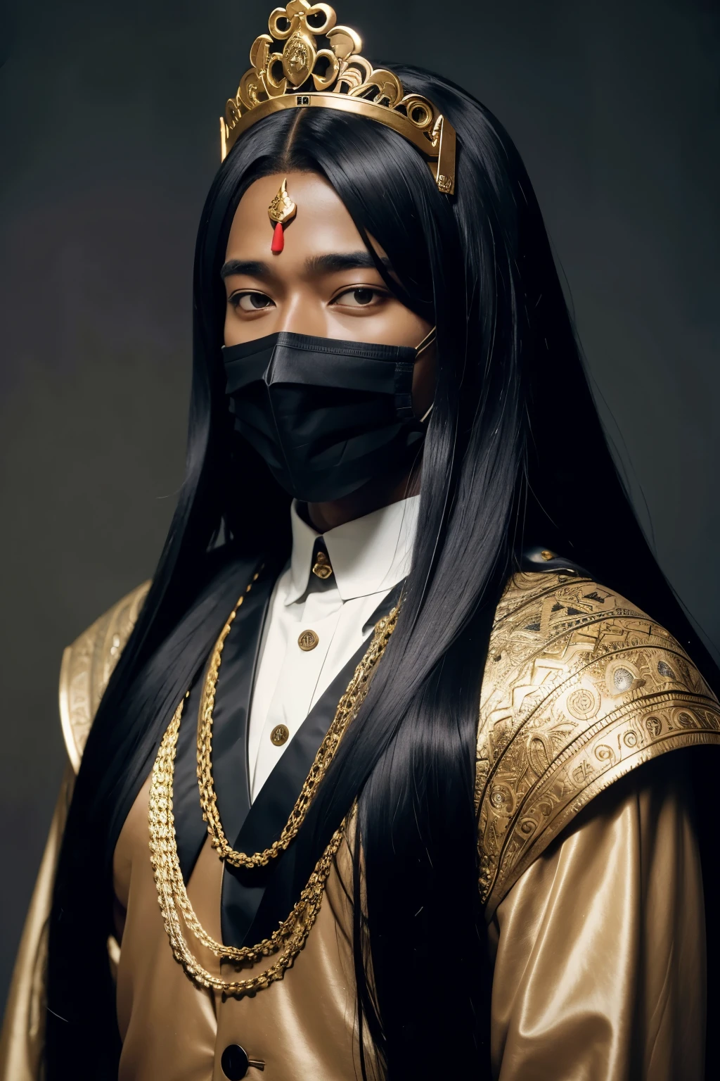 1 black man with long straight hair looking like a younger king with a crown on his head with an oni mask on half of his face