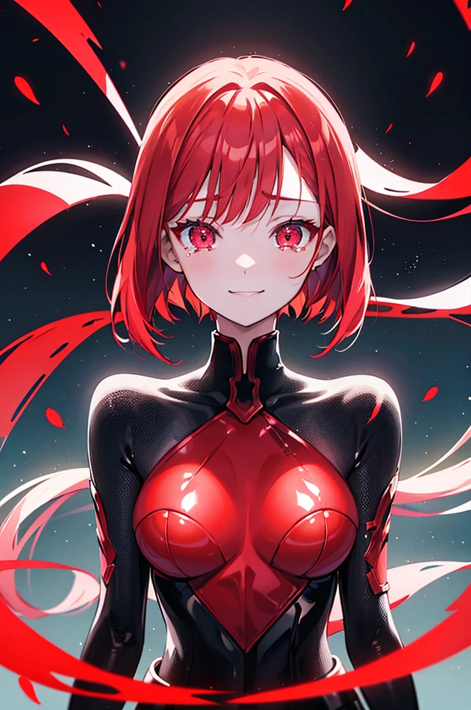 Super detailed、Virtual Woman, Red shorthair, Shiny Hair, Glowing Eyes:0.5, Slim, , v Arms, A radiant smile, Shining Eyes, hologram, Futuristic chatIcon、Anxious face、Tears in my eyes