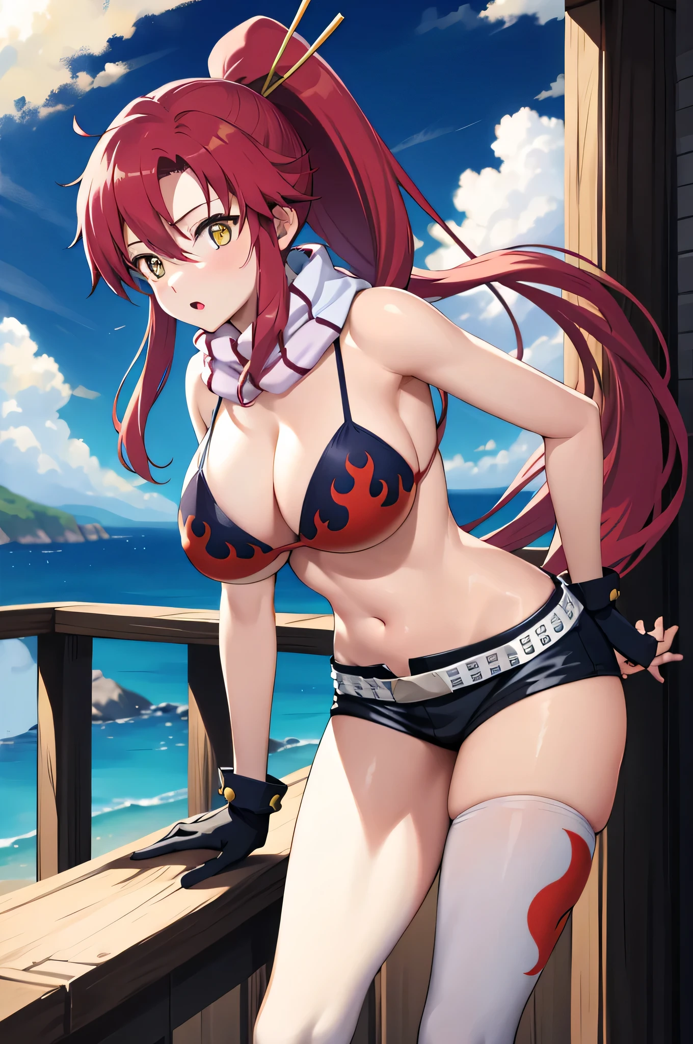 People Girls、cute、sexly、solo、black bikini top、Big Breasts、cleavage、girl with big breasts、Bare shoulders、Black gloves、in a triangle bikini top、Flame print、hair ornaments、Long Hair、Red hair、ponytail、scarf、Shorts、bikini top with an black、Expressionless、Lips parted、Yellow Eyes(zeroの目)、Yoko Ritenour、Yokori、Highest quality、masterpiece、zero、Weak、Are standing、