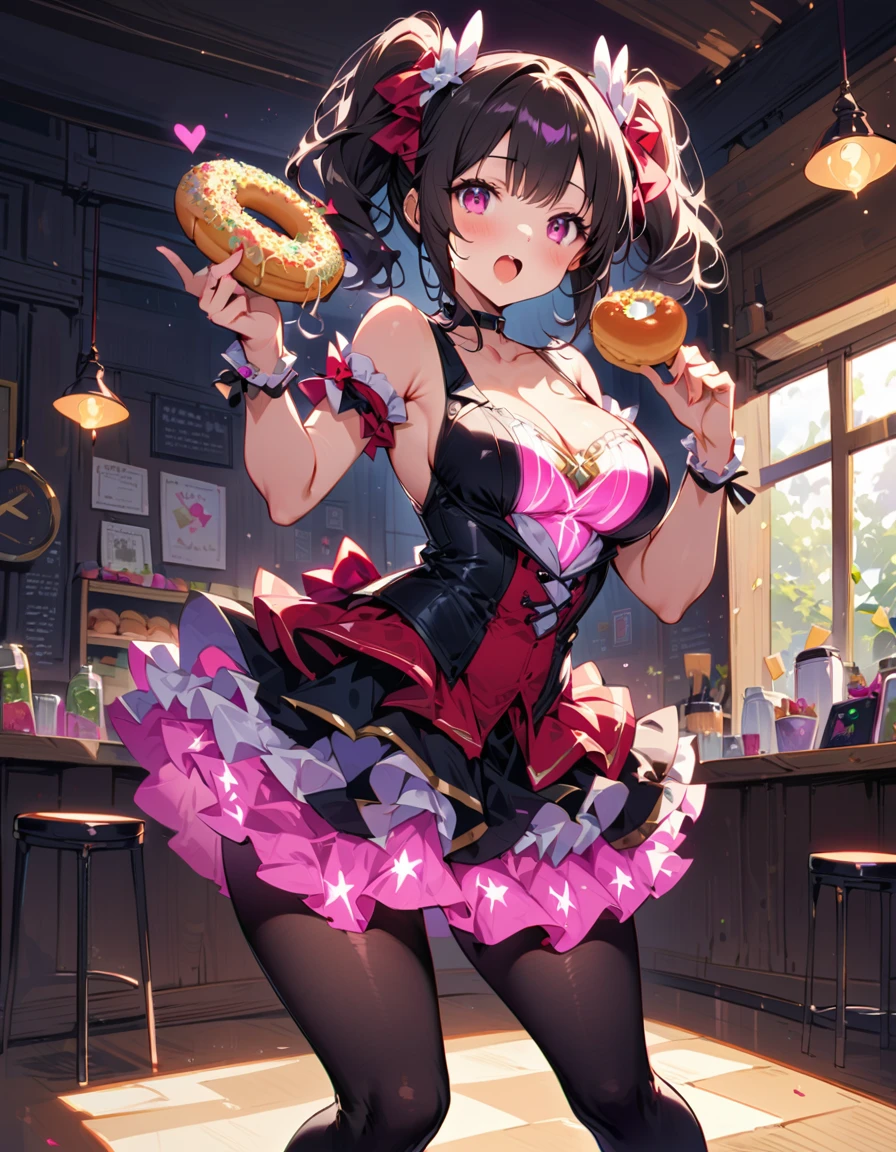 One young and beautiful woman,(Highest quality,Extremely detailed depiction,Incredibly absurd high resolution,Anatomically accurate depiction,Nice hands,Perfect Fingers,Curvy Legs),(Glowing Skin,Glossのある肌),(Sexy Idol),(Idol Costumes,Cute hairstyle,tights,Choker of Hearts,boots,Gloss),eyelash,(Pink Eyes,There is cleavage in the chest,Glossのある口紅,Mouth open),Eating a donut with relish,whole body,background:Inside the cafe