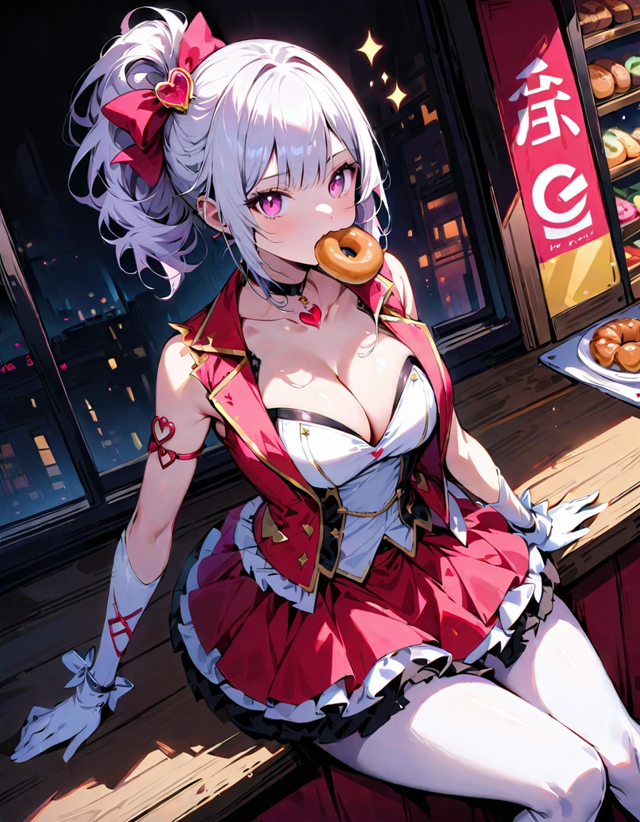 One young and beautiful woman,(Highest quality,Extremely detailed depiction,Incredibly absurd high resolution,Anatomically accurate depiction,Nice hands,Perfect Fingers,Curvy Legs),(Glowing Skin,Glossのある肌),(Sexy Idol),(Idol Costumes,Cute hairstyle,tights,Choker of Hearts,boots,Gloss),eyelash,(Pink Eyes,There is cleavage in the chest,Glossのある口紅,Mouth open),Eating a donut with relish,whole body,background:Inside the cafe
