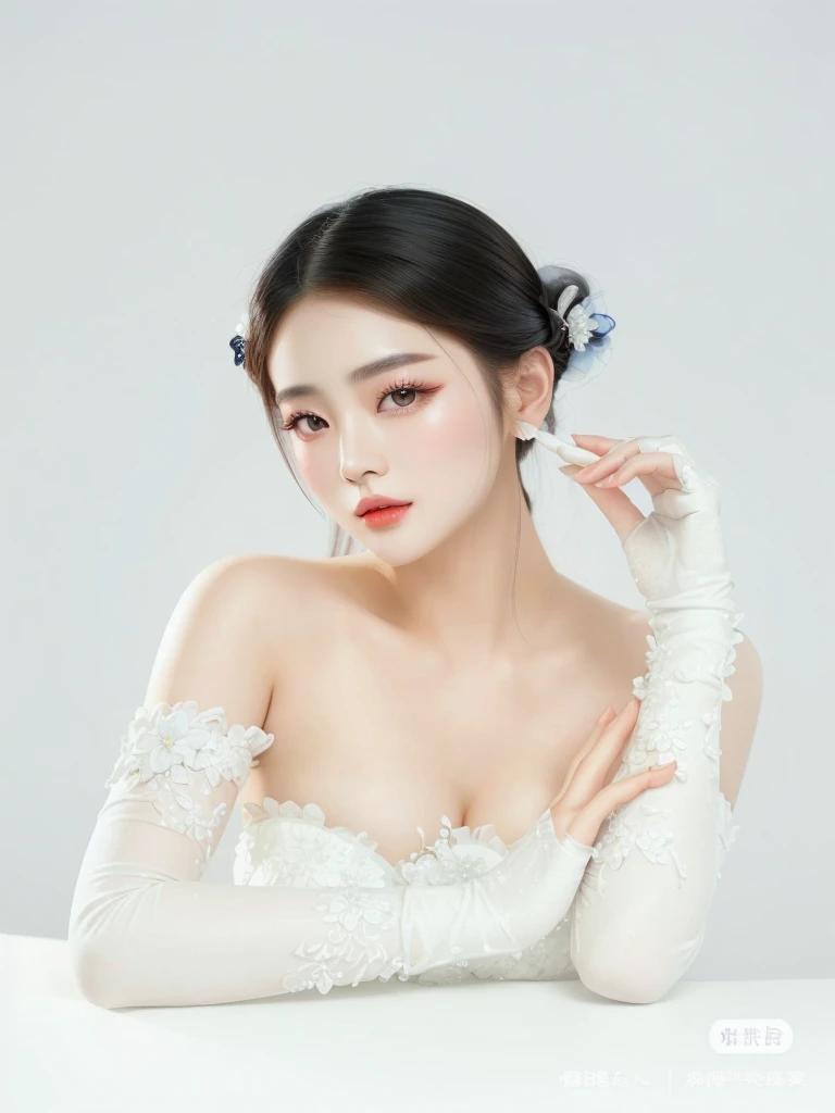 a closeup of a woman in a white dress and gloves, beautiful chinese model, Sha Xi, chen xintong, dilraba dilmurat, Wenfei Ye, li zixin, Xision Wu, Xianxia, chen powder, ruan jia beautiful!, xuehan, Inspired by Tang Yifen, shen mingchen, Lu Ji