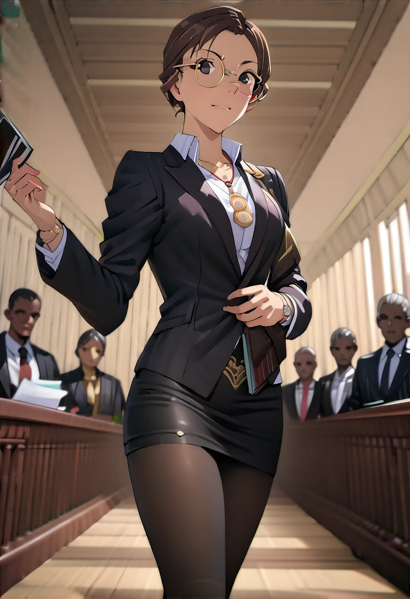 ((masterpiece, Top quality, high resolution, highly detailed CG unified 8K wallpaper, Reality, RAW photos, 8K)), (female lawyer, Convincing jurors in court:1.3), (Wearing a black suit, White shirt and black tight skirt, Black pantyhose:1.2), Silver-rimmed glasses and a thin watch, Small gold badge on left chest of suit, A hand holding a bundle of documents, The other hand holds a pen, View from behind, Watch from below, Back to,