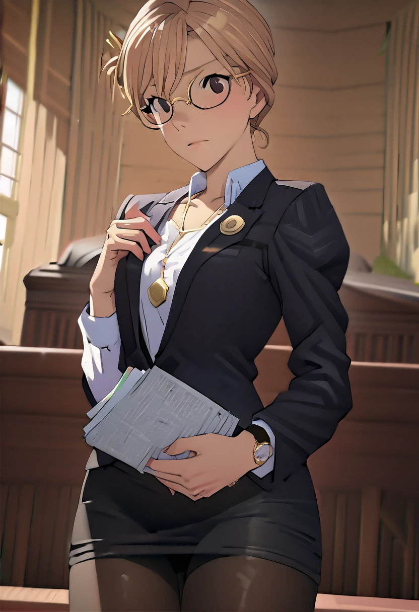 ((masterpiece, Top quality, high resolution, highly detailed CG unified 8K wallpaper, Reality, RAW photos, 8K)), (female lawyer, Convincing jurors in court:1.3), (Wearing a black suit, White shirt and black tight skirt, Black pantyhose:1.2), Silver-rimmed glasses and a thin watch, Small gold badge on left chest of suit, A hand holding a bundle of documents, The other hand holds a pen, View from behind, Watch from below, Back to,