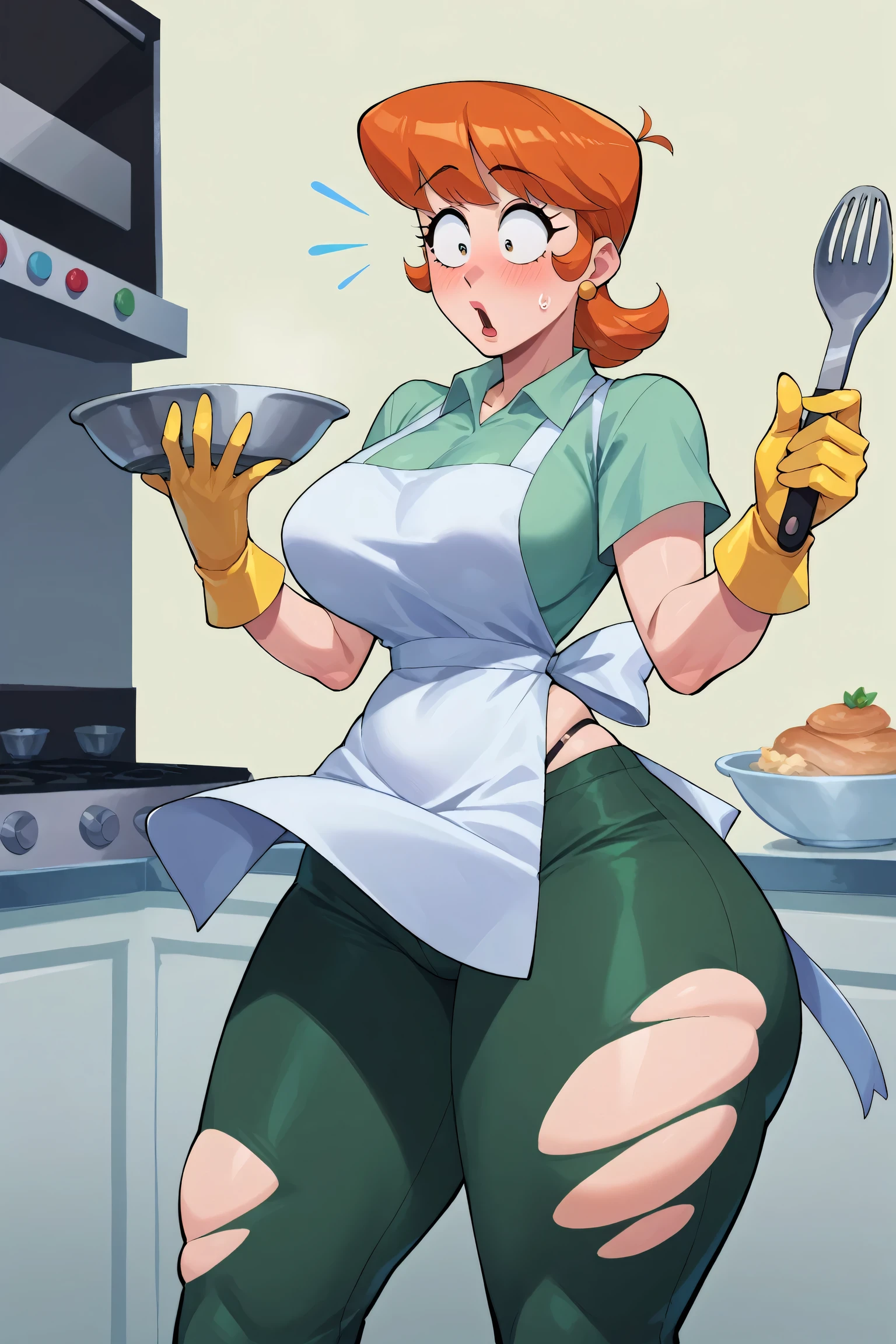 (High resolution,realist:1.2),beautiful,Cute mother and age son in a kitchen, mother with yellow gloves, mother with apron, mother with red and sexy underwear, lifts her skirt to show her underwear, sad look with tears.