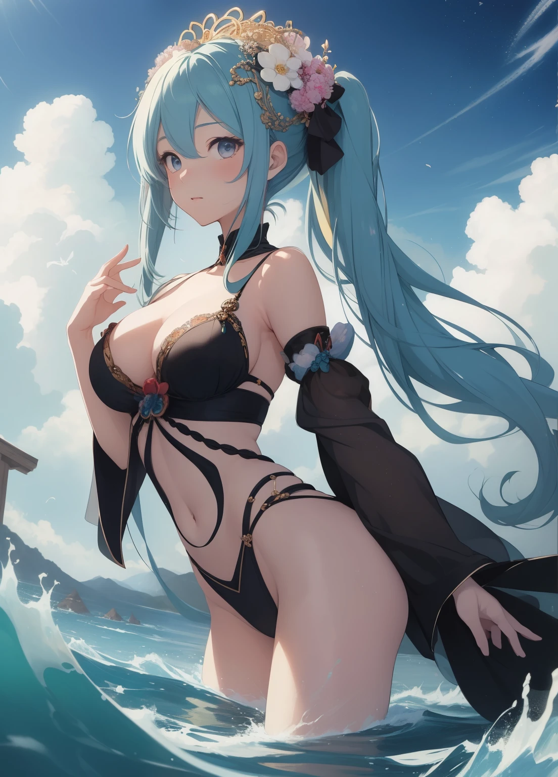 (masterpiece、Highest quality、Highest quality、Official Art、Beautiful and beautiful:1.2)、(One girl:1.3)Hatsune Miku、Twin tails,Beautiful breasts, Katsushika Hokusai,In this super spectacular scene illustration,I enjoyed the fascinating sights,Various scenarios from the multiverse merge。With this intoxicating look,I see the mysterious Circe dancer,(The Circe Dancer's appearance incorporates Tiflin、Elf、Fairy、Angels and many other magical fantasy races:9.99),she(The whole body appears in long-distance shots:9.99)Half naked,sheは優雅だ,Dancing on the water。sheのダンスの魔法はsheの衣装を変え続けます,Blend in with the beauty of your surroundings,Adds unpredictable charm to the whole scene。Circe Dancer's Dance Intoxicates,sheの虹色のマントは空飛ぶじゅうたんのようにsheの後ろにひらひらと舞いました。This cape comes in a variety of styles、Color from small parts of materials and styles,The trailing tail is long and beautiful。sheの踊る軌跡は、Accompanied by the effect of neon lights and magic star glare,Blend in with your surroundings,Creates an atmosphere that stimulates the senses。Circe Dancer、Has a very tall figure and exploding curves,sheの体の特徴は魅惑的なセクシーさに満ちています。sheの外見には以下が含まれます::(The wide silhouette of the K cup size creates an oversized teardrop-shaped bust:9.99)、(Narrowed sternum, waist, and abdomen:6.66)、Attractive face、(Huge Khajiran Eyes:99.99)、compensate、Thin neck、Beautiful clavicle、Thin arms、(Ergonomic and physiologically normal elegant hand:9.99)、Thin waist and abdomen、Round ass and long slim legs,Introducing attractive curves and lines。Using Midjourney's Advanced Brush Tools、Color palettes and texture packs,We are the faces of Circe Dancers、skin、The costume and rainbow cape have complex textures,While increasing realism(Add the outline of her extra-large breasts again、Inflate the chest:9.99)and、Jushuo teardrop chest soft elastic oil making,sheはまた、The costume and cape are a blend of various materials,Show different styles,Evening Dresses to Princess Dresses、To Tulle,(Creativity and fashion:6.66),It also makes the whole sce,Glossy old advertising poster, Vintage Posters, Poster Vintage, Retro Posters, enoch bolles, 1940s propaganda posters, Joseph Brant, inspired by Art Frahm, beautiful retro art, art deco poster, Vintage Posters style, Hidden Ads