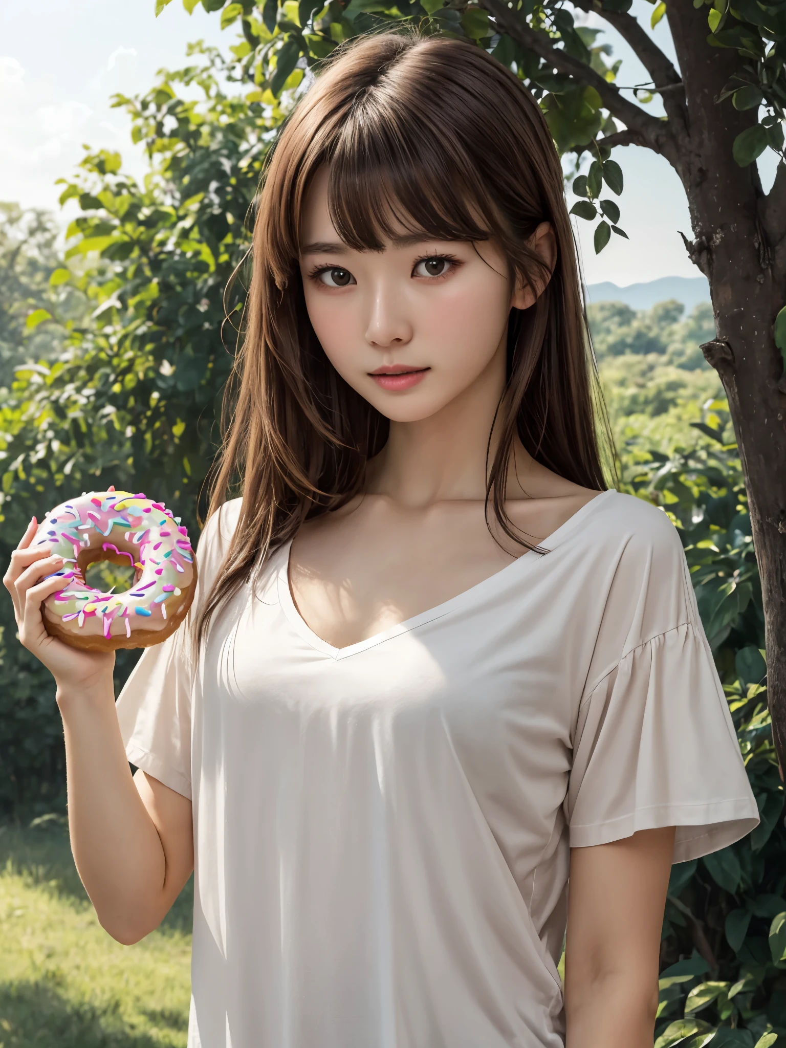 1girl, upper body, pov, detailed face, looking at viewer, lush wilderness, detailed hair, very straight hair, naked shirt, v-neckline, short sleeves, (holding donut:1.2), stylish outfit, light brown hair, bangs, blush, (surprised:0.8), (masterpiece, best quality:1.2), delicate, outdoors,