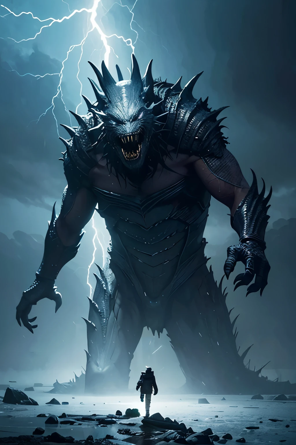A very detailed painting, ice world, Depicts a man have a weapon on a hill gazing at a giant alien monster lightning rain breath, author:Shinkai Makoto, By Art Jem, From Wlop, author:Greg Rutkowski, Volumetric Lighting, Octane Rendering, 4K resolution, Popular on artstation, masterpiece ,flame magic