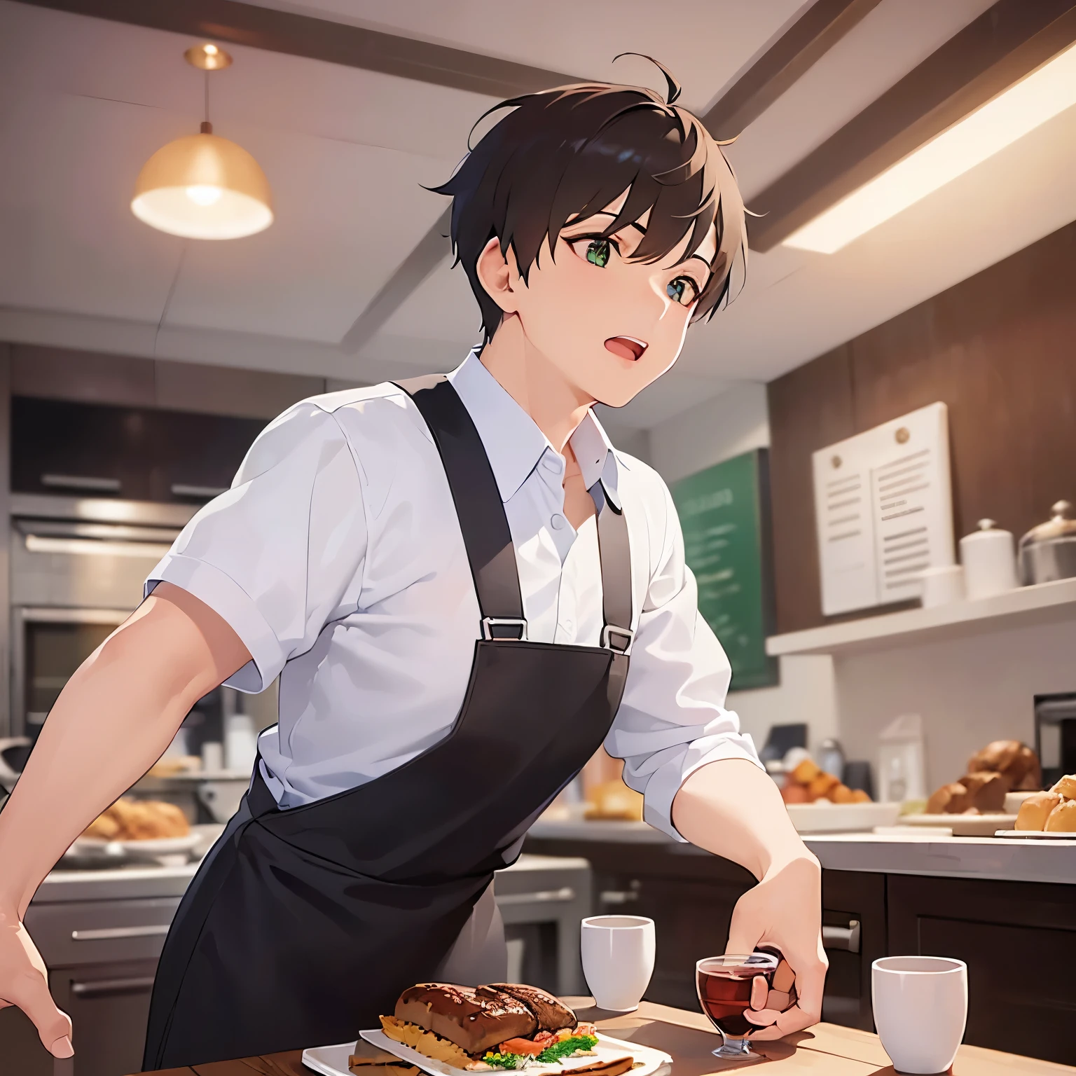 (looking away:1.5),upper body,Side shot、Hands on chest、
masterpiece、Highest quality、
BREAK (25-year-old male:1.5) and (Mahogany brown short hair) and (Green Eyes)
BREAK (white collared shirt) 、apron、
Serious,open mouth,The background is the interior of a restaurant at night.