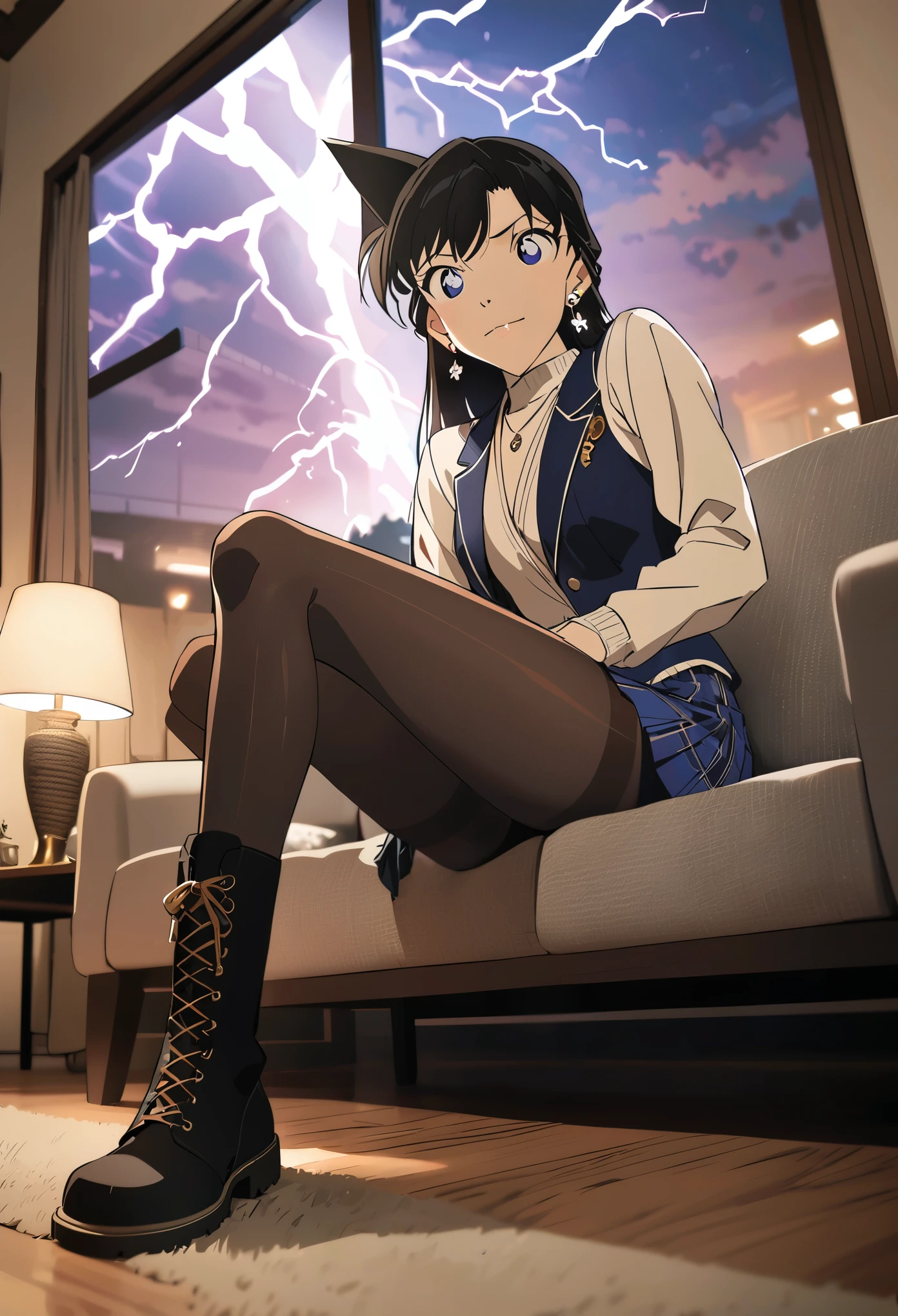 (masterpiece, best quality:1.2), ((Super detailed)), high resolution, Anime style , photo, photography, Detailed background,1 black hair beauty, Thunder and lightning, (Pantyhose), boots,Cowboy shooting, looking at the audience,A faint smile, earrings, skirt, Necklace, Vest, Cross your legs, from below, On the sofa, Windows, living room,