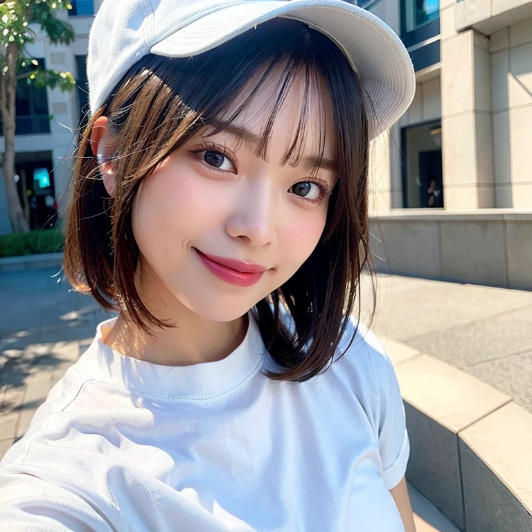 (Highest quality, 8k, 32K, Masseter muscle area, Hmph:1.2), profile, (Slim figure:1.2), (Lips) , double eyelid, Glowing Skin, Realistic Layer, Beautiful Face,  (Giddy-smile:1.3), (short hair:1.4), grey background, (Front Focus), (Vibrant color saturation: 1.6), (solo), Fantasy art, Photorealistic, Professional Lighting, Highly detailed face, Deep Shadow, pov, white crop-shirt, white jeans, ((with white baseball cap)) 