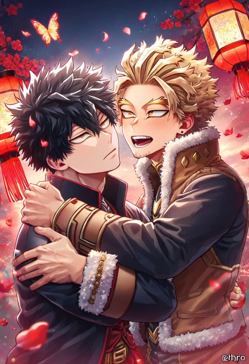 absurd resolution, high resolution, ultra detailed, detailed eyes, delicated features, extremely detailed, HDR, 8K, Hawks, ash-blonde hair, expressive golden eyes, Boku No Hero Academia, Megumi, black hair, messy hair, expressive red eyes, two sexy men together, yaoi, gay couple, handsome, brown jacket with fur, black coat, hero clothes, fantasy, cool, magical, red glittering butterflies, red dust flying around, red flowers, red petals, red lanterns, red blossoms