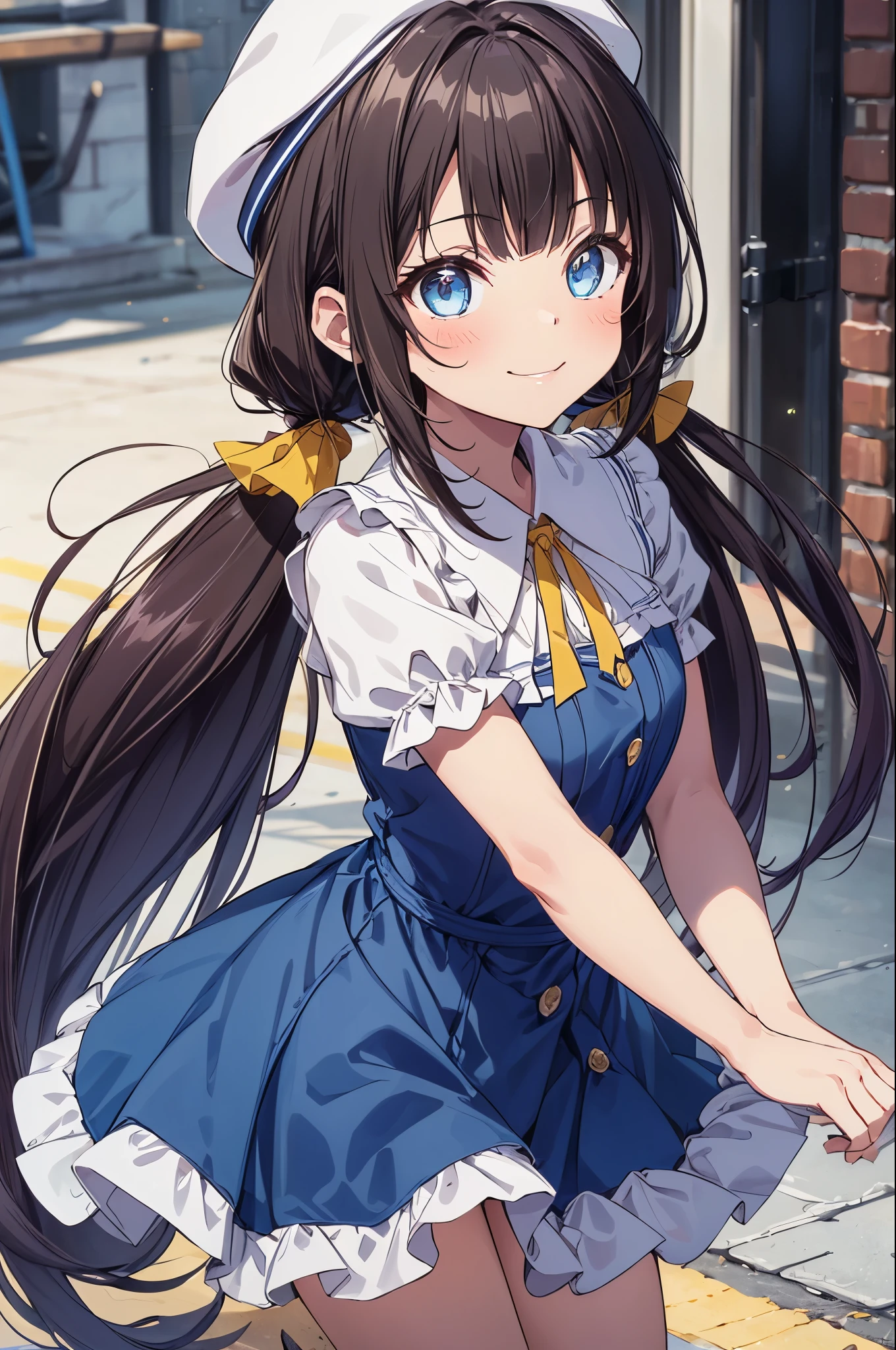  (***********:1.3), hinatsuru ai, blue eyes, dark hair, brown hair, absurdly long hair, ahoge, twintails,(blue dress:1.3), yellow ribbon, white berets, smile, blush, wariza, masterpiece,Noise Reduction,perfect anatomy,high resolution, ultra-detailed, ultra-detailed face,game cg,dutch angle ,beautiful detailed eyes,visualart,five fingers, perfect hands, perfect lighting, sparkling pupils,