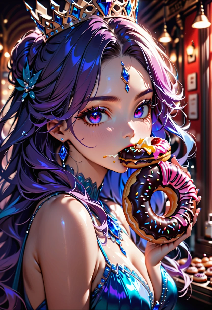 an oil painting portrait of a queen eating a (an epic donut: 1.3), an exotic exquisite beautiful queen, dynamic hair color, wavy hair, dynamic eyes color,  intense eyes, wearing glamour silk dress, intricate detailed dress, dynamic color dress, dynamic style dress, wearing diamond crown ((eating  a large donut: 1.3)),  (cherries: 1.1), (whipped cream: 1.1), (chocolate bar: 1.1)  fantasy pastry shop background,  vibrant, Ultra-high resolution, High Contrast, (masterpiece:1.5), highest quality, Best aesthetics), best details, best quality, highres, 16k, [ultra detailed], masterpiece, best quality, (extremely detailed) RAW, (ultra details, Masterpiece, best quality),   , Intense gaze, blood, Cinematic Hollywood Film
