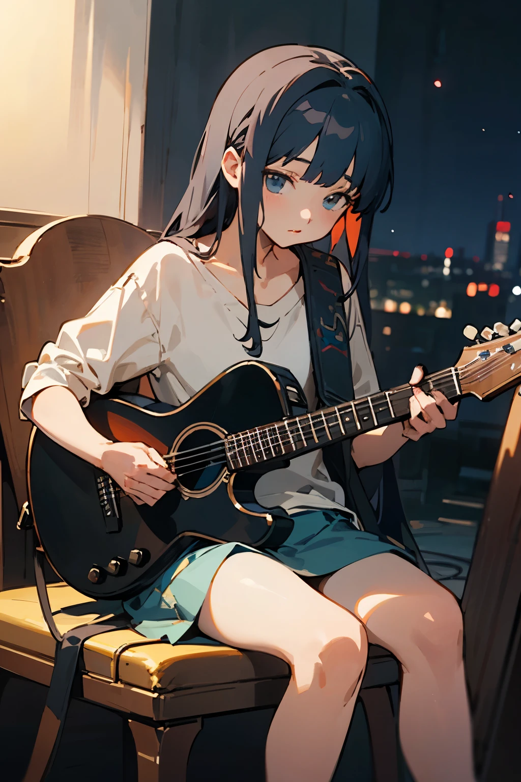 Night view、No buildings、Pixel Art Painting Best Quality, masterpiece, Attention to detail, Super intricate details,Anime girl sitting on a chair and playing guitar, Anime Art Wallpapers 8K, anime art wallpaper 4k, anime art wallpaper 4k, Anime Style 4k, anime wallpaper 4k, anime wallpaper 4k, anime wallpaper 4k, Manga Wallpapers, 4K wallpaper,, Girl playing guitar, LOFI Girl