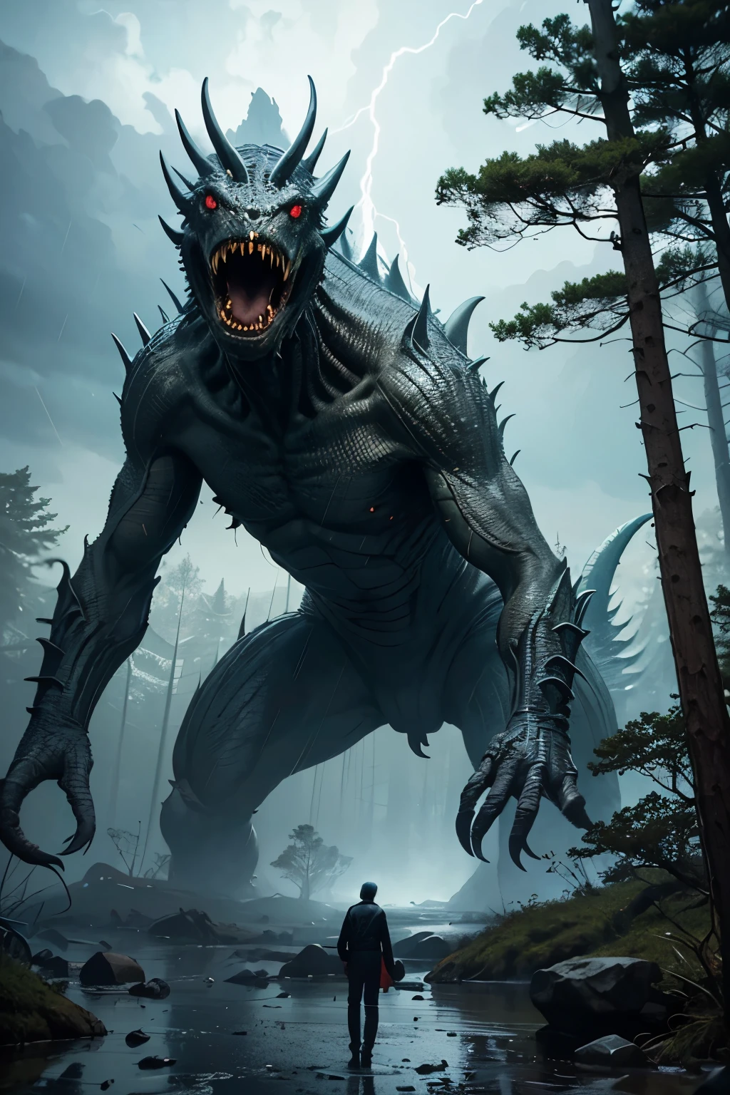 A very detailed painting, forest world, Depicts a man have a weapon on a hill gazing at a giant alien monster lightning rain breath, author:Shinkai Makoto, By Art Jem, From Wlop, author:Greg Rutkowski, Volumetric Lighting, Octane Rendering, 4K resolution, Popular on artstation, masterpiece ,flame magic